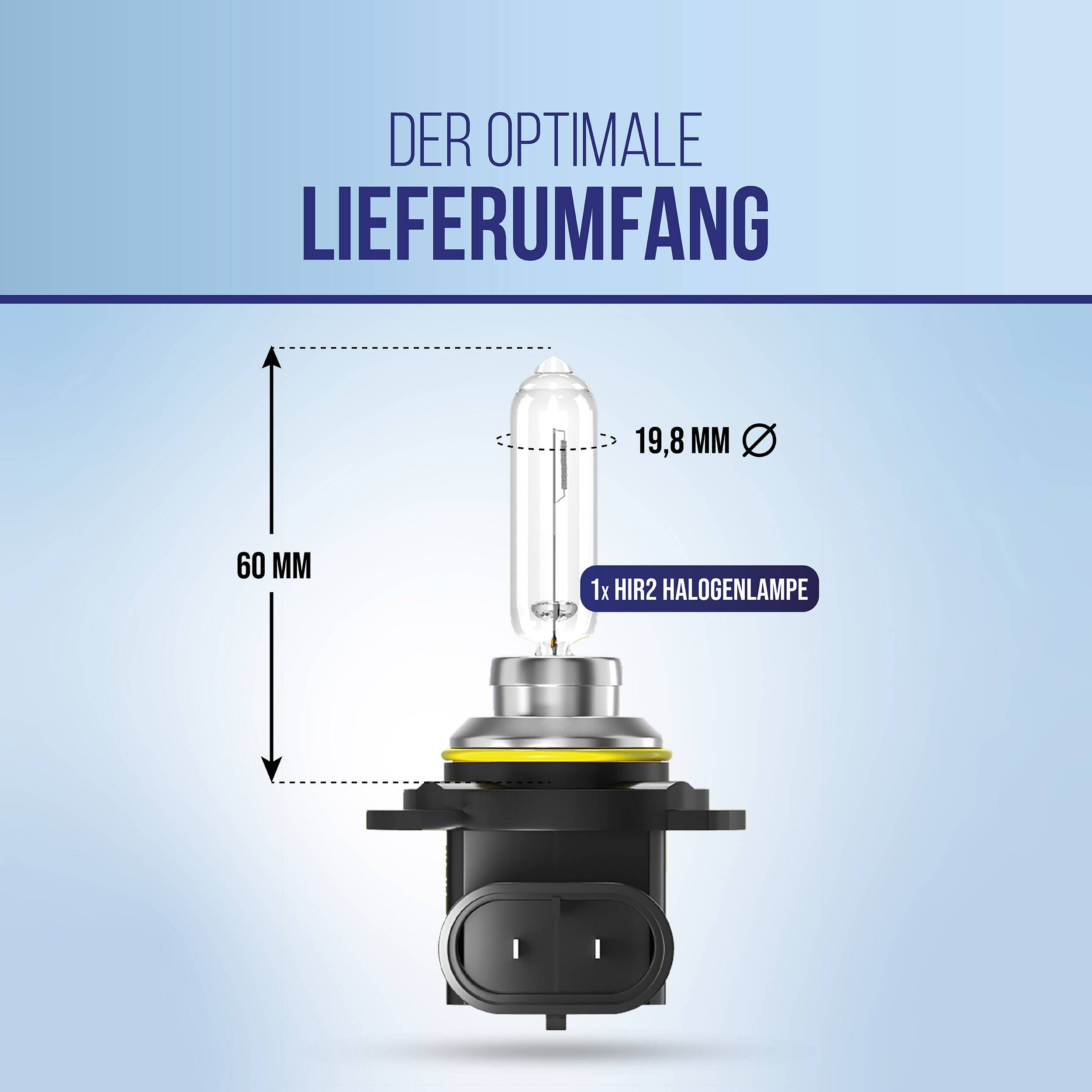 Diagramm mit einer HIR2-Halogenlampe und Fassung mit Abmessungen: 60 mm Höhe und 19,8 mm Durchmesser; beschriftet mit '1x HIR2 HALOGENLAMPE'.