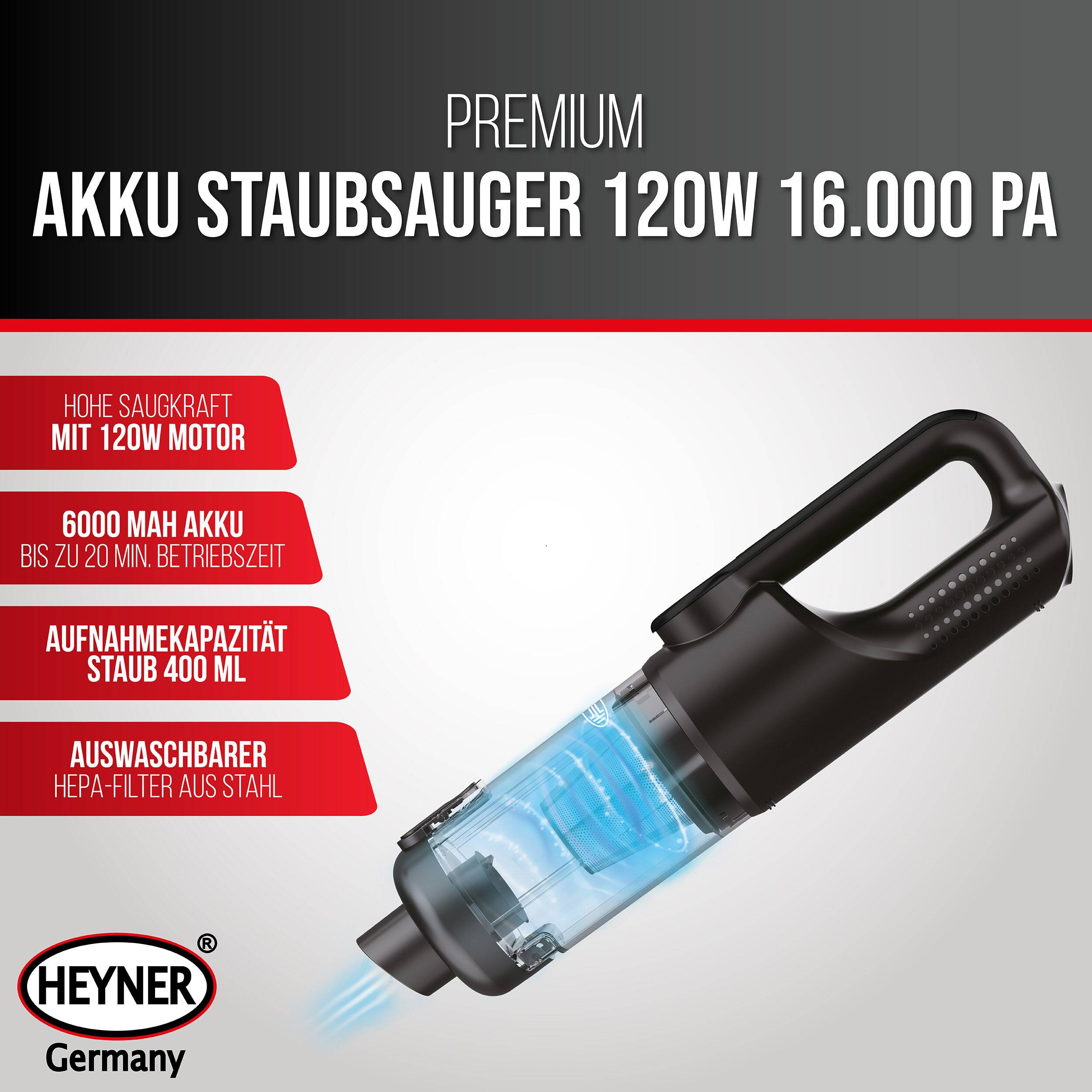 HEYNER® Staubsauger mit Akku 16000 Pa & 120 W Leistung für Auto und Kfz