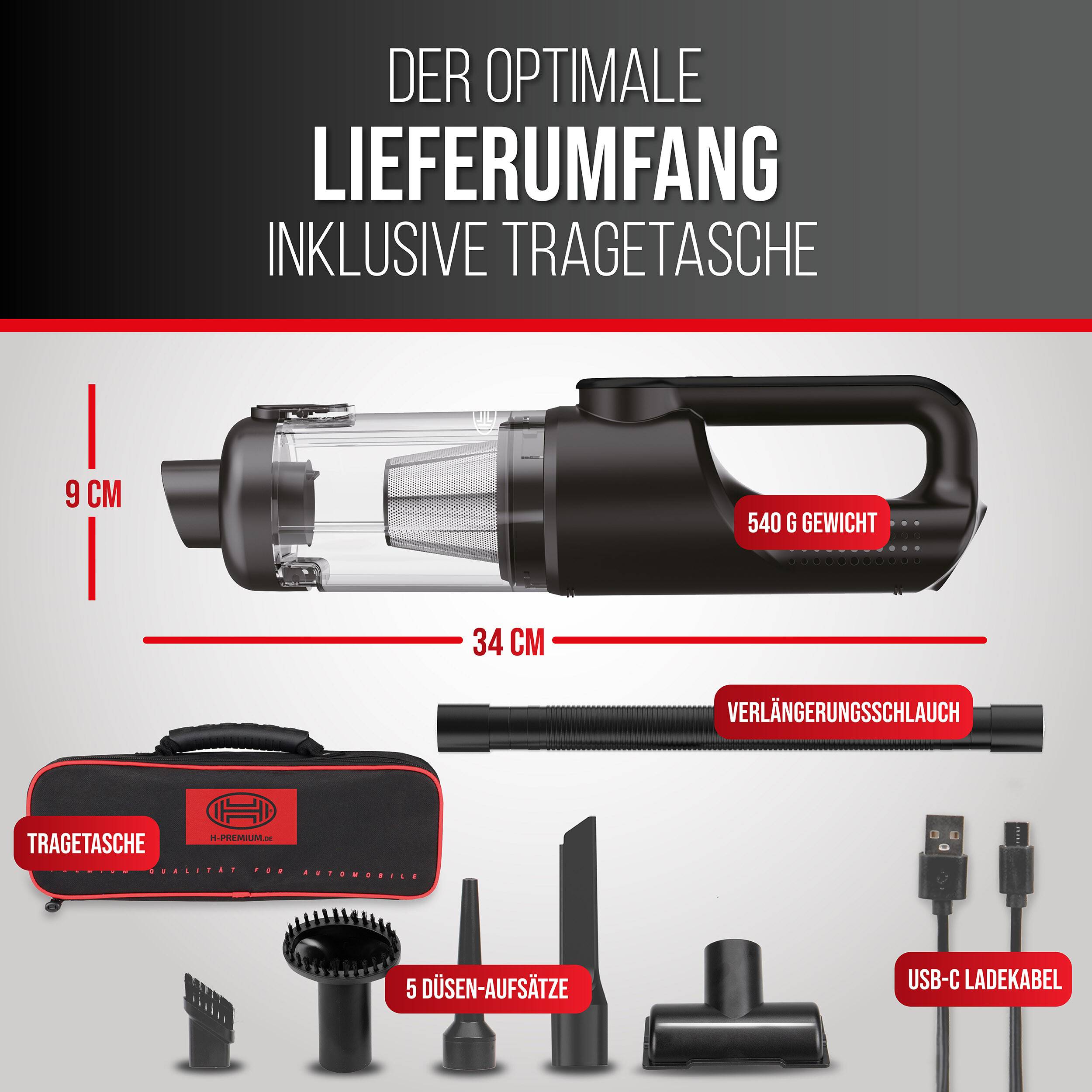 HEYNER® Staubsauger mit Akku 16000 Pa & 120 W Leistung für Auto und Kfz
