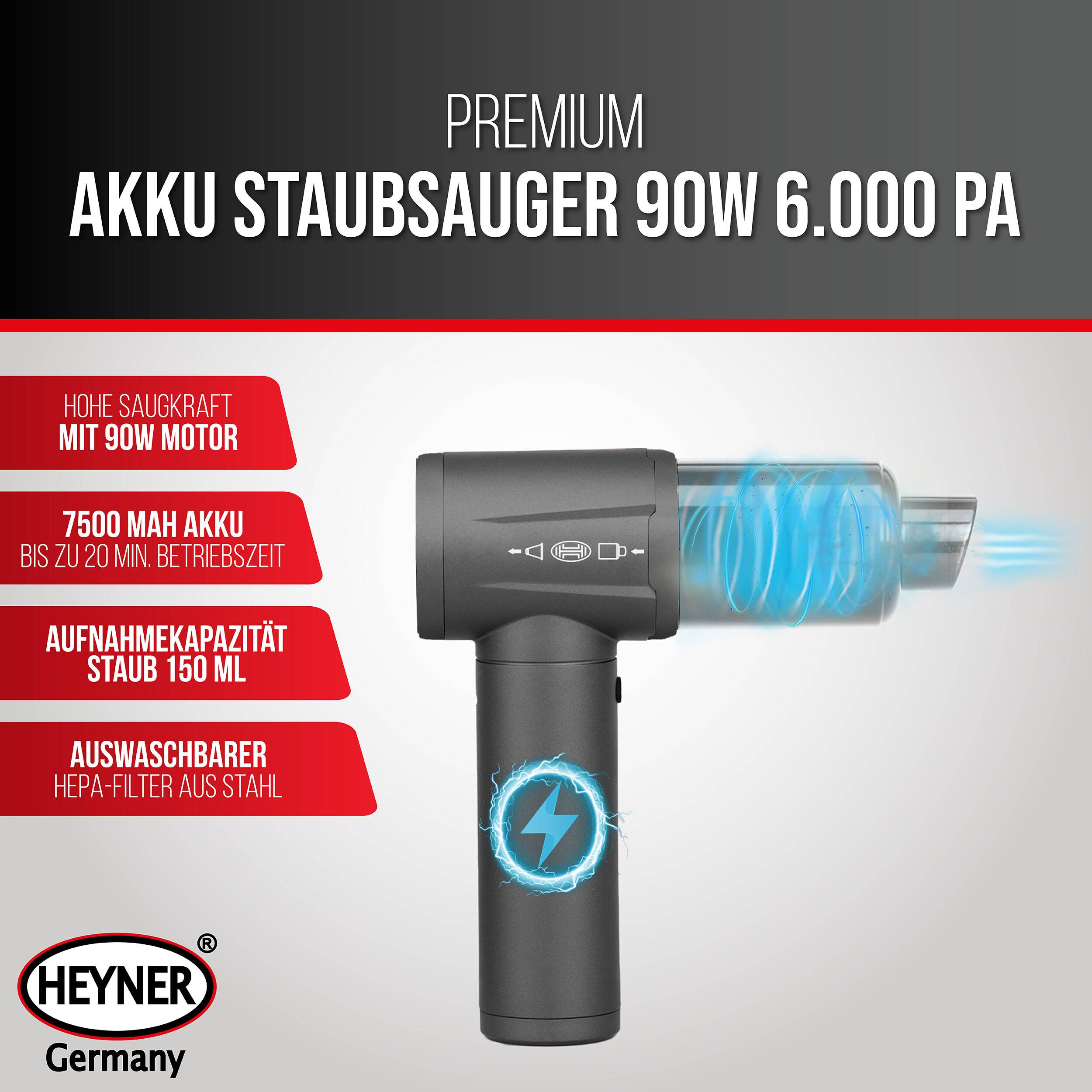 HEYNER® Akku Auto Staubsauger - 6.500 Pa I Staubgebläsefunktion + Bürstenloser Motor + 4 Geschwindigkeitsstufen +
