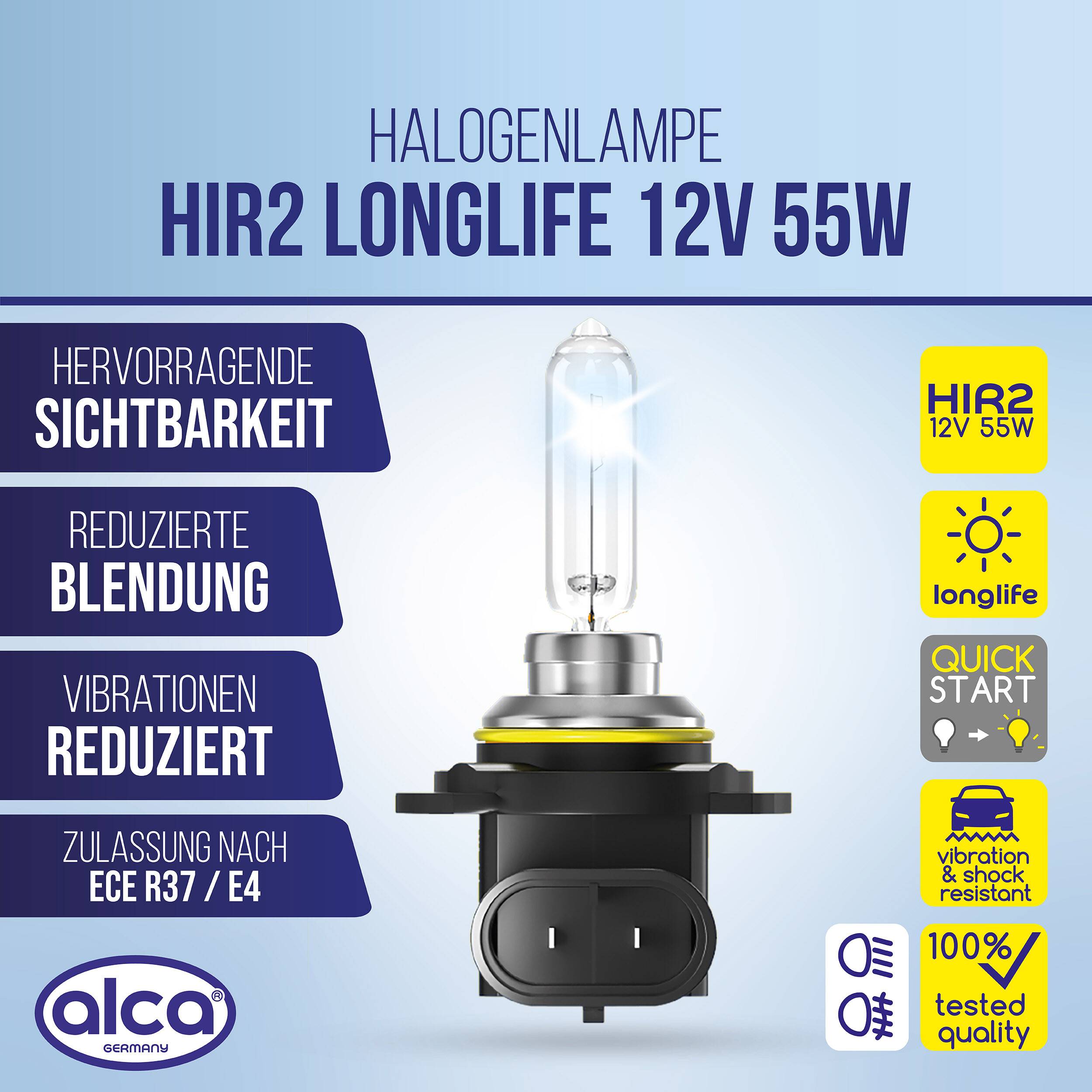 alca® HIR2 Halogen Lampe Auto I Px26d I 12V 55W Halogen Scheinwerfer Lampe I Scheinwerferlampe I E-Prüfzeichen I