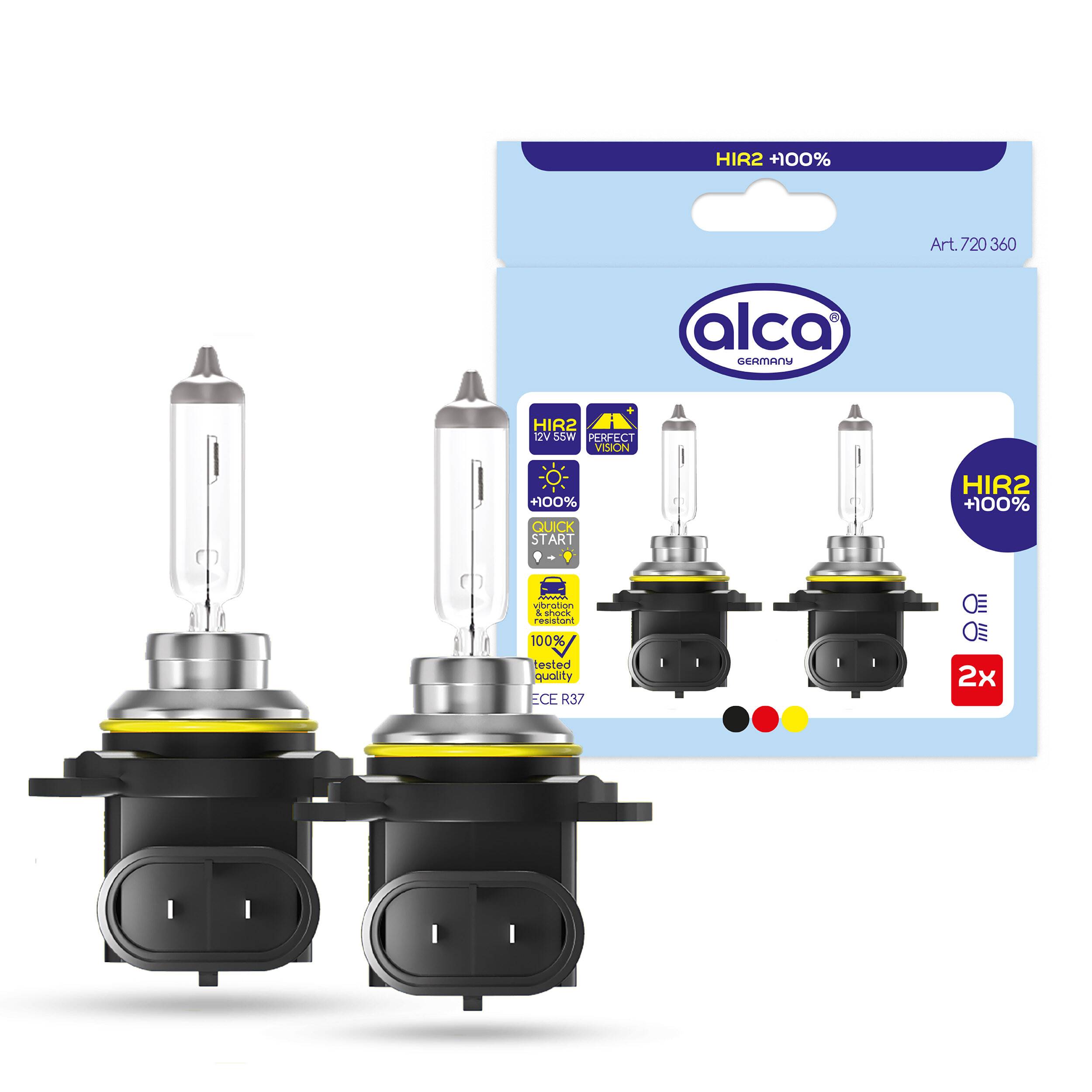 Zwei Automotive-HIR2-Halogen-Scheinwerfersbirnen mit Verpackung mit der Bezeichnung 