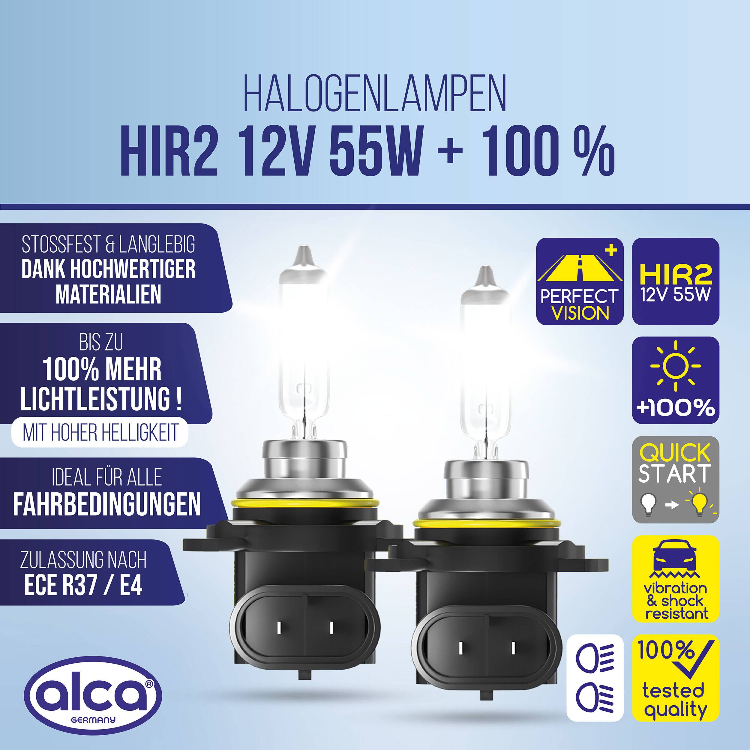 alca® Halogenlampe HIR2, 2 Stk. 12V 55W, Sockel Px22d 2er-Set, Leuchtmittel für Scheinwerfer,