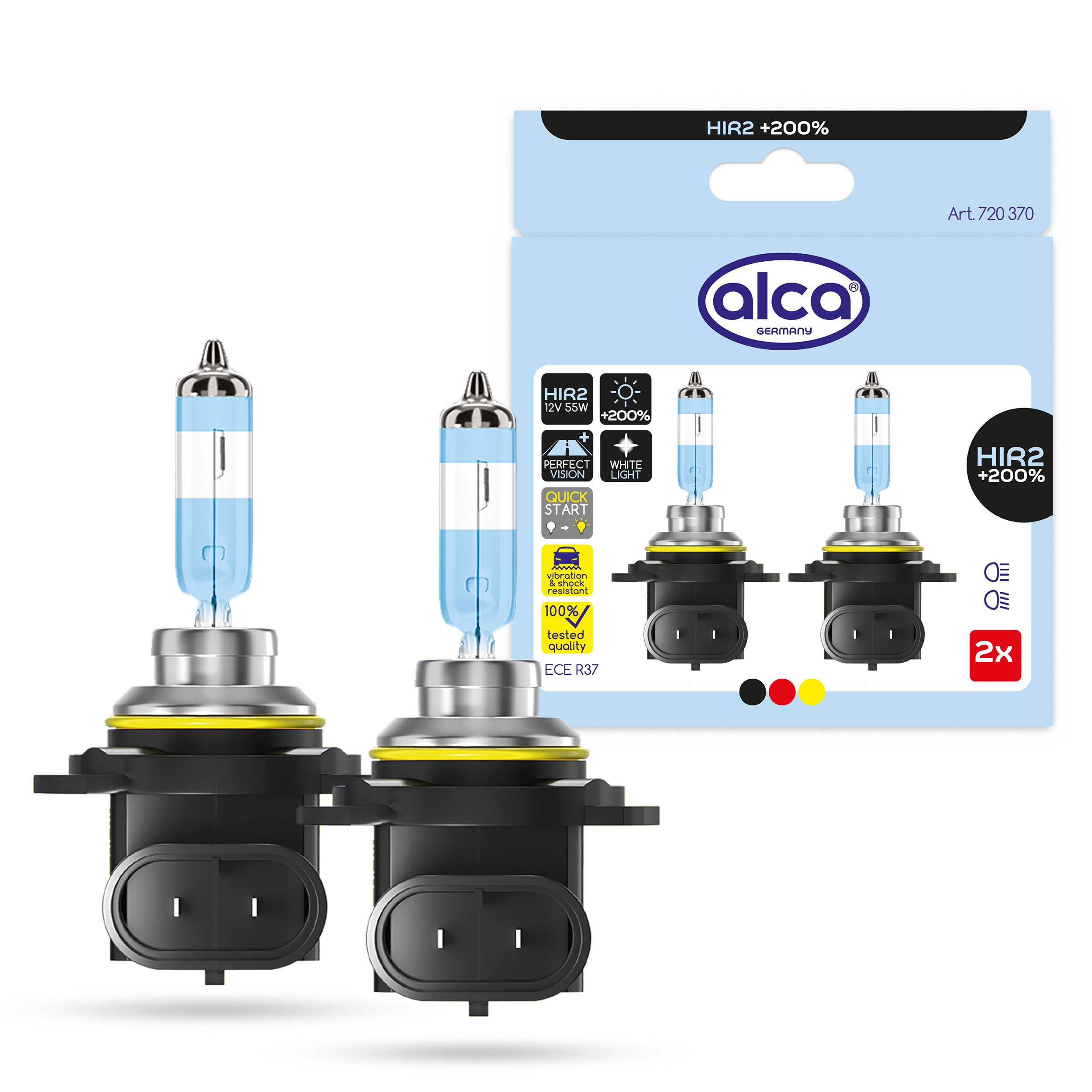 Produktbild von zwei Alca HIR2 200% Halogen-Scheinwerferleuchtmittel mit Verpackung, von vorne und seitlich nebeneinander dargestellt