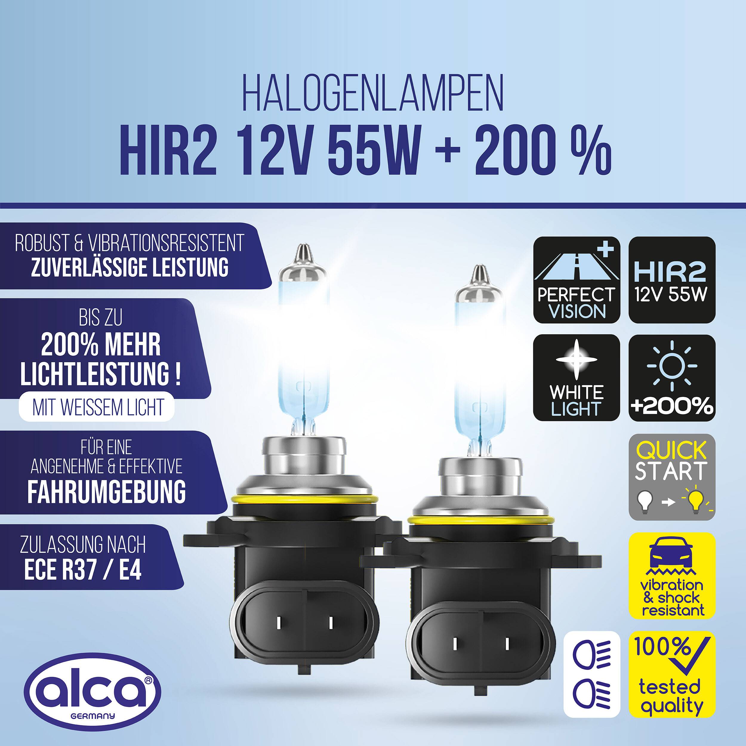 Werbegrafik für Alca Halogenlampen: „HIR2 12V 55W +200%