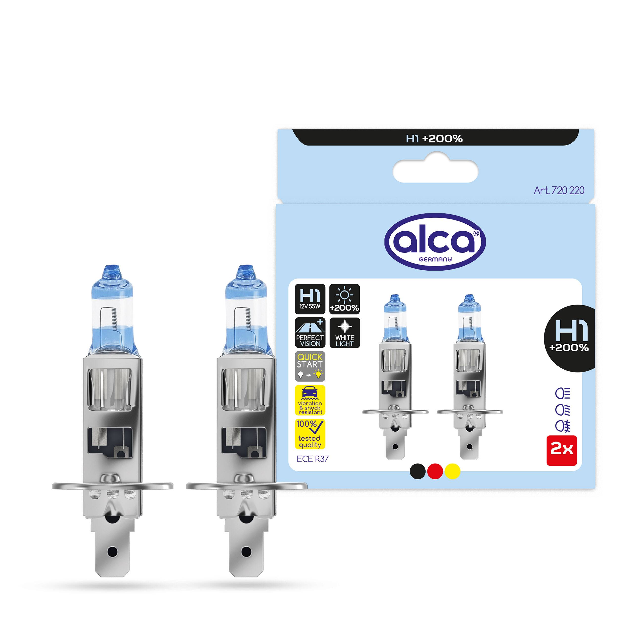Produktbild von zwei ALCA H1 12V 55W Halogen-Scheinwerfern mit Verpackung mit der Beschriftung „H1 +200%