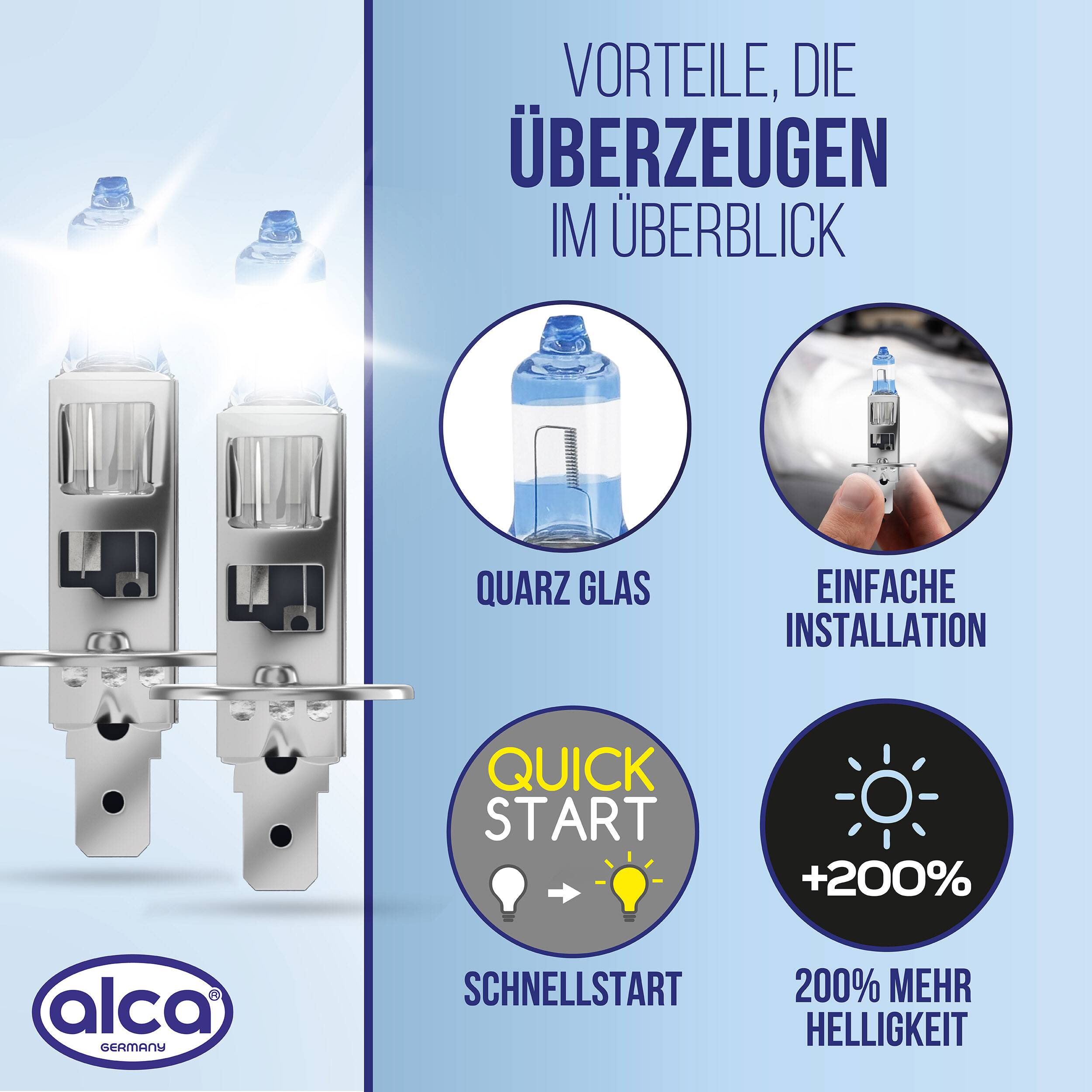 Überzeugende Vorteile im Überblick': Quarzglas, einfache Installation. Schnellstart, 200% mehr Helligkeit, Alca-Logo.