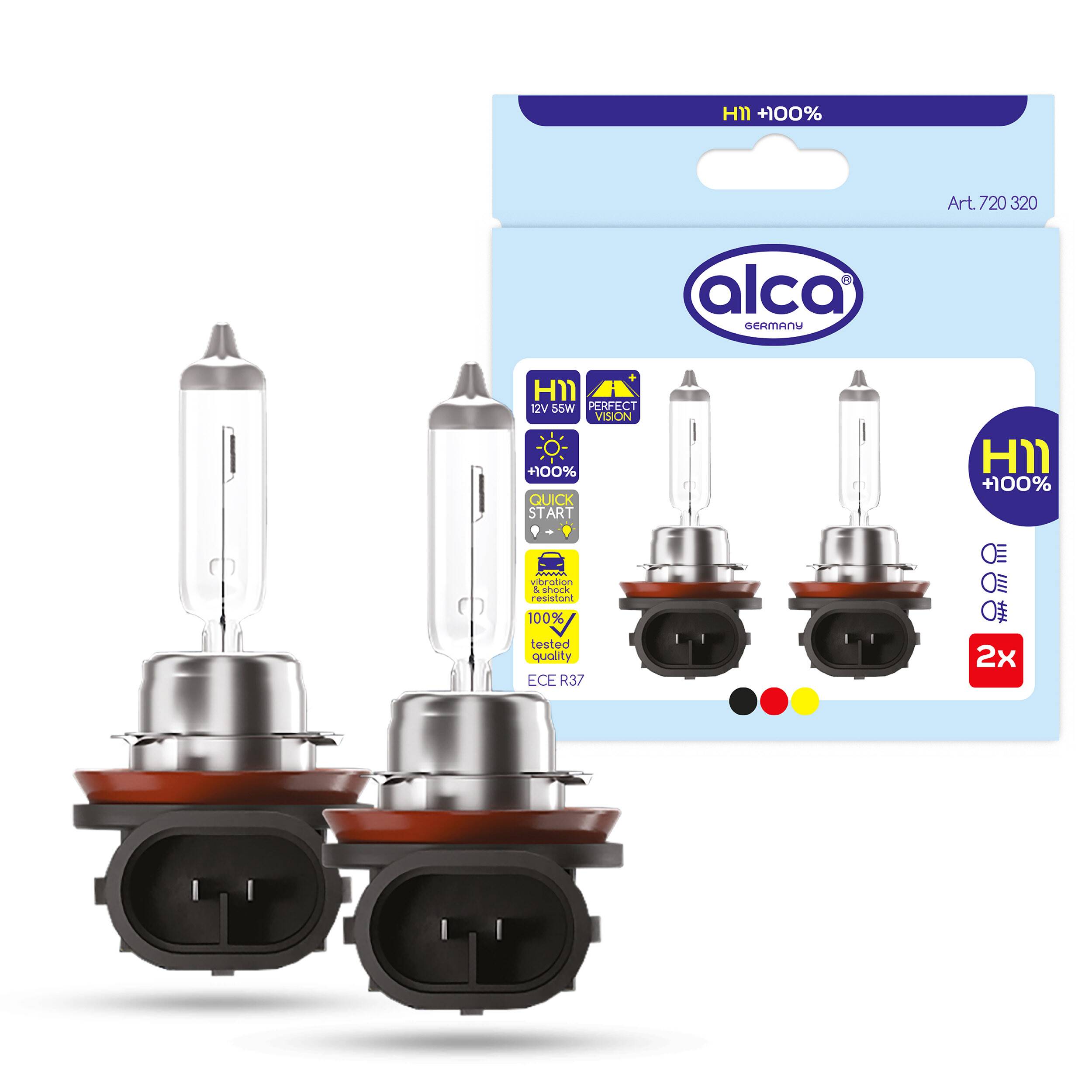 Zwei H1 100% Halogen-Scheinwerferlampen mit Verpackung, dargestellt als Alca H1 Ersatzsatz mit zwei Stück.