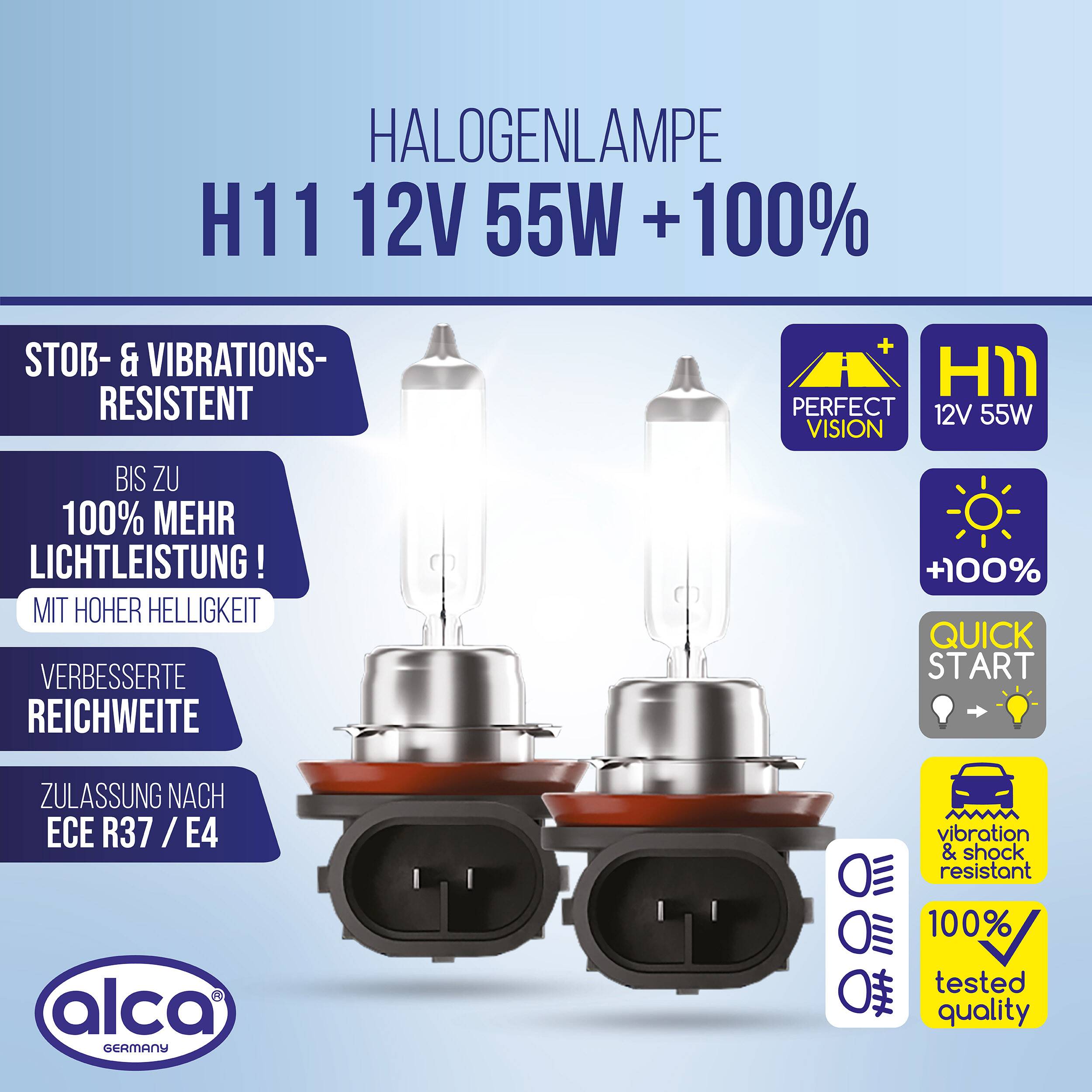 alca® Halogenlampen H11, 2 Stk. 12V 55W, Sockel PGJ19-2 2er-Set, Leuchtmittel für Scheinwerfer,