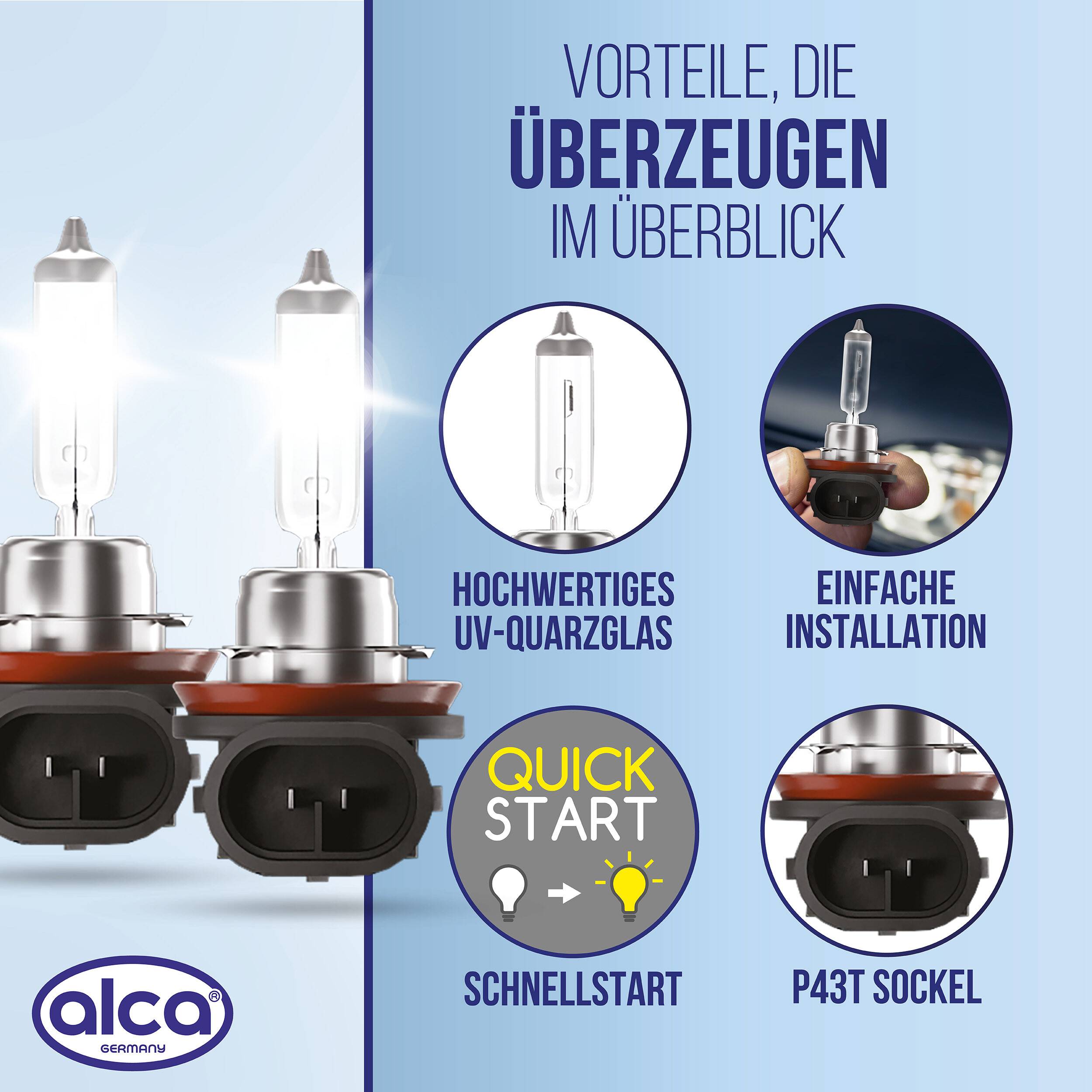 alca® Halogenlampen H11, 2 Stk. 12V 55W, Sockel PGJ19-2 2er-Set, Leuchtmittel für Scheinwerfer,
