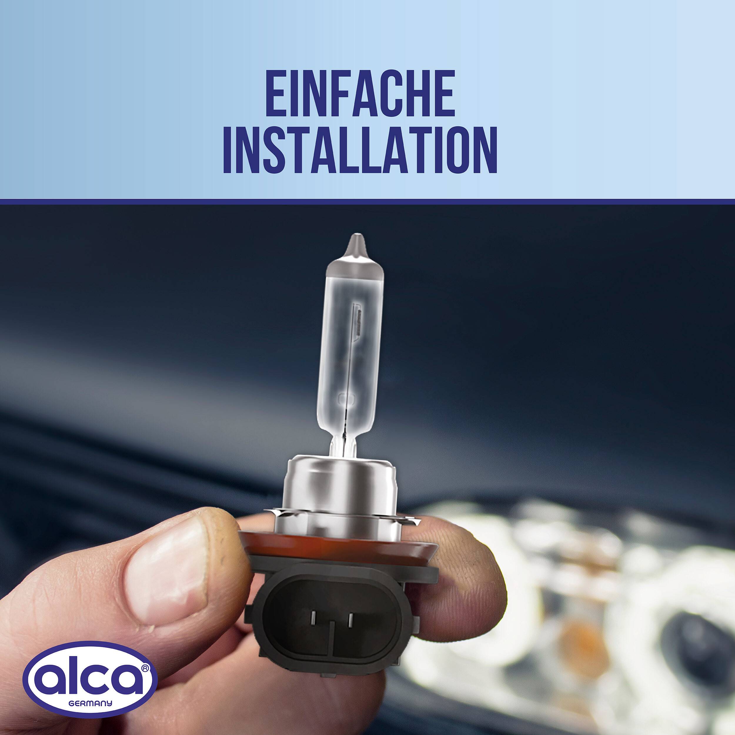 Eine Hand hält eine Autohalogenlampe mit Stecker; der Text lautet „EINFACHE INSTALLATION