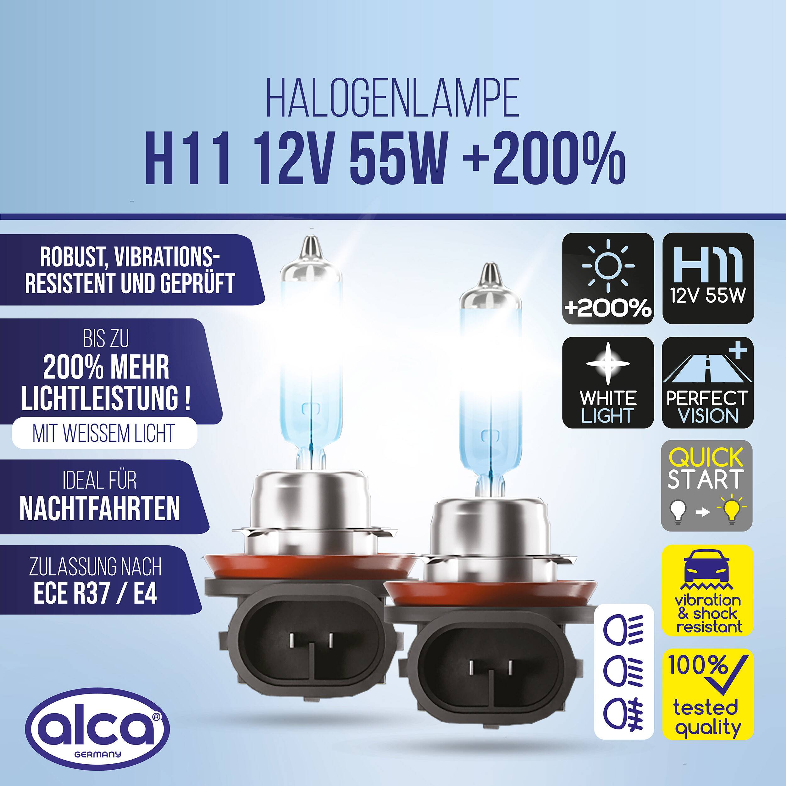 alca® 2 Stück H11 Halogen Lampe Auto I PGJ19-2 I 12V 55W Halogen Scheinwerfer Lampe I +200% mehr Helligkeit I