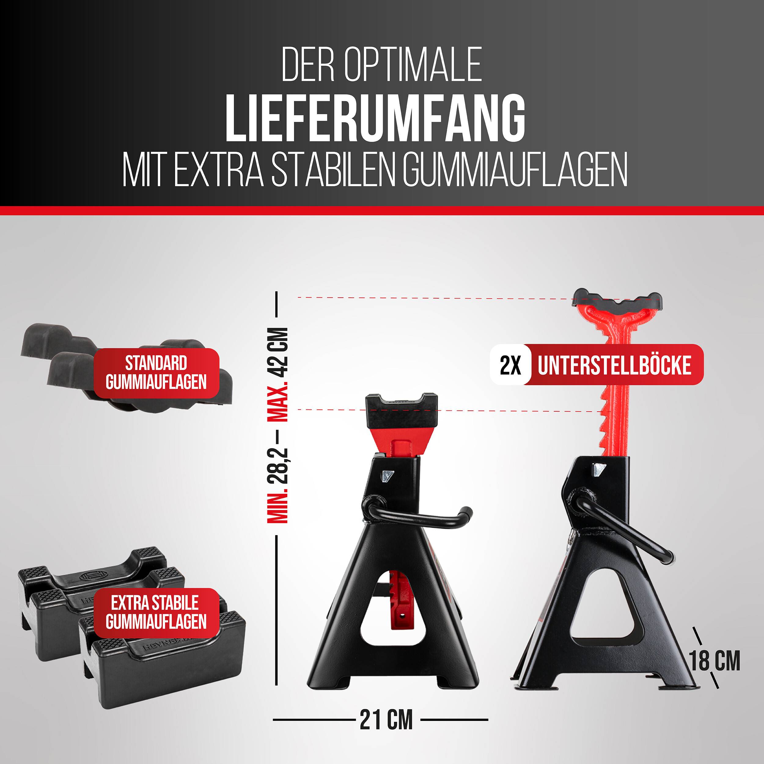 Infografik zum Vergleich von Standard- und extra-stabilen Gummiauflagen auf 2 Stützböcken, mit verstellbarer Höhe von 28,2 bis 42 cm, 21 cm Basisbreite und 18 cm Oberkante Breite.