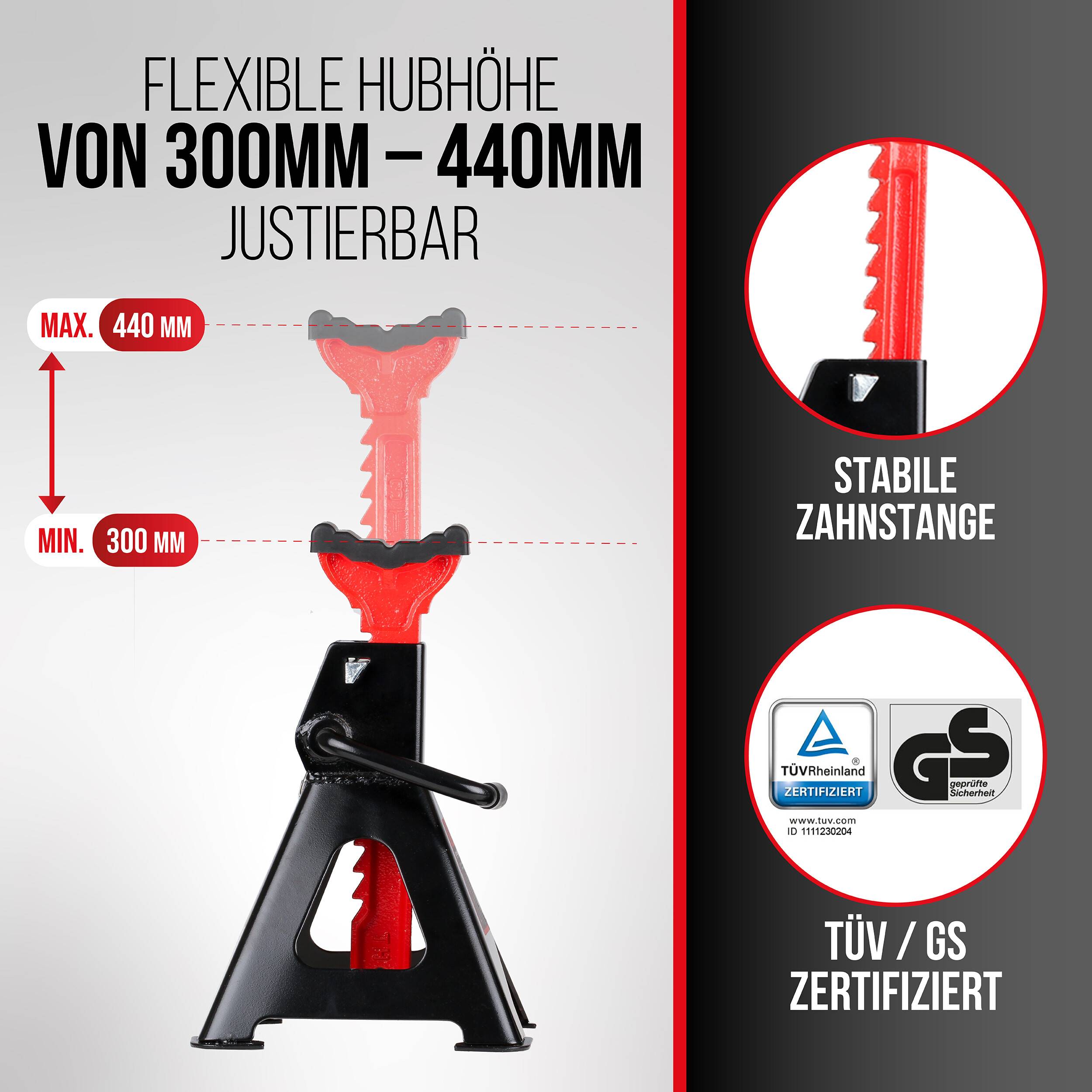 Produktinfografik eines Wagenhhebers mit verstellbarer Hubhöhe von 300 mm bis 440 mm, mit stabilem Zahnstangenprofil und TÜV/GS-Zertifizierung.