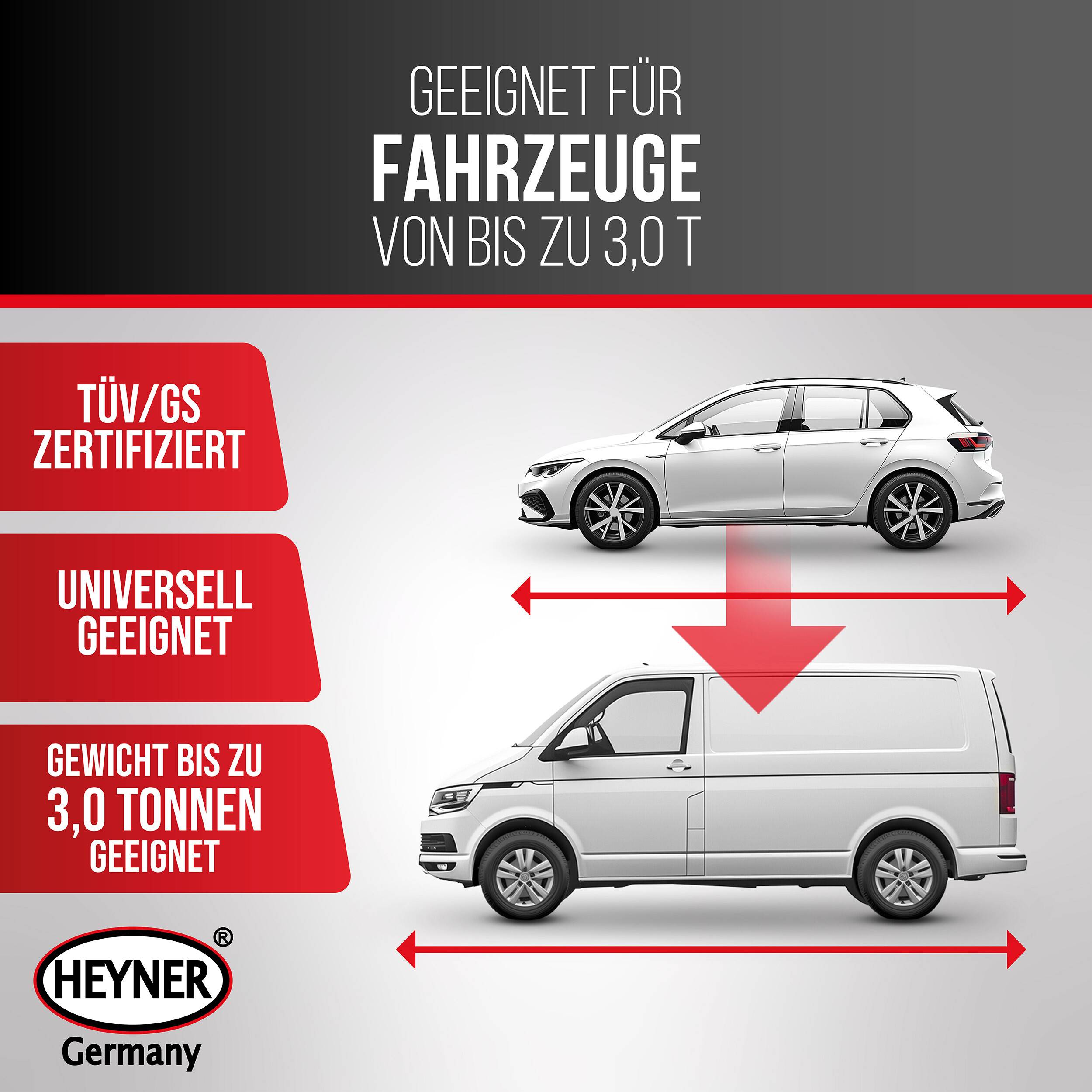 Produktgrafik, die ein Auto und einen Transporter mit Pfeilen zeigt und angibt „geeignet für Fahrzeuge von bis zu 3,0 t