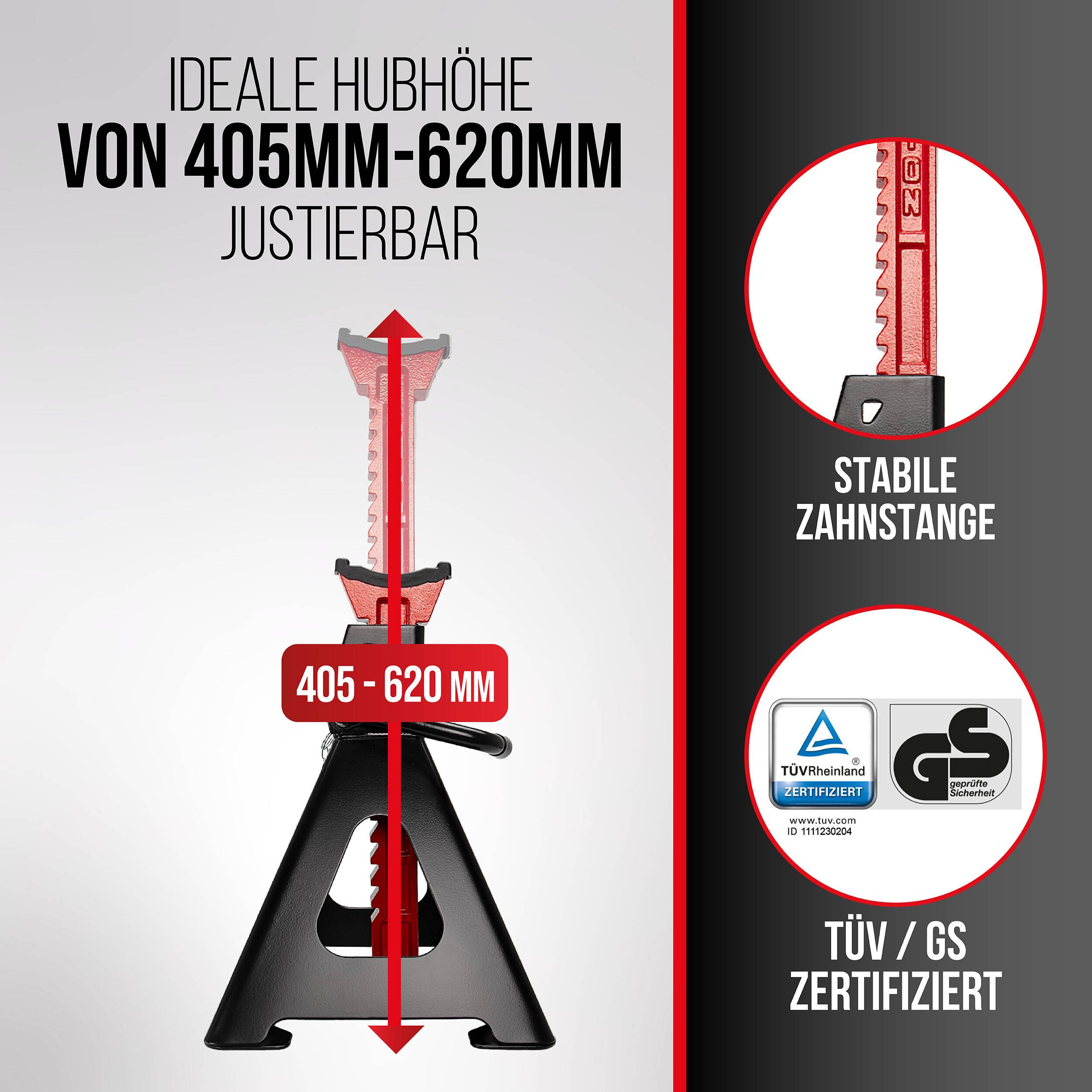 Höhenverstellbarer Wagenheber mit idealem Hubbereich 405-620 mm, hervorhebend stabile Zahnstange und TÜV/GS-Zertifizierung.