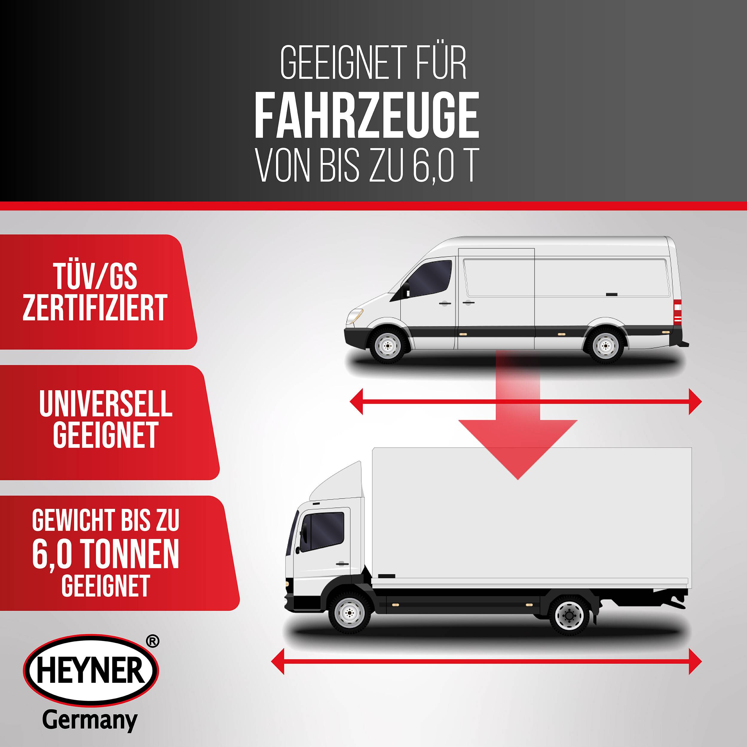 Deutschische Produktgrafik zeigt zwei Lieferwagen und Pfeile, die besagen, dass es für Fahrzeuge bis 6,0 Tonnen geeignet ist; TÜV/GS-zertifiziert und universell einsetzbar.