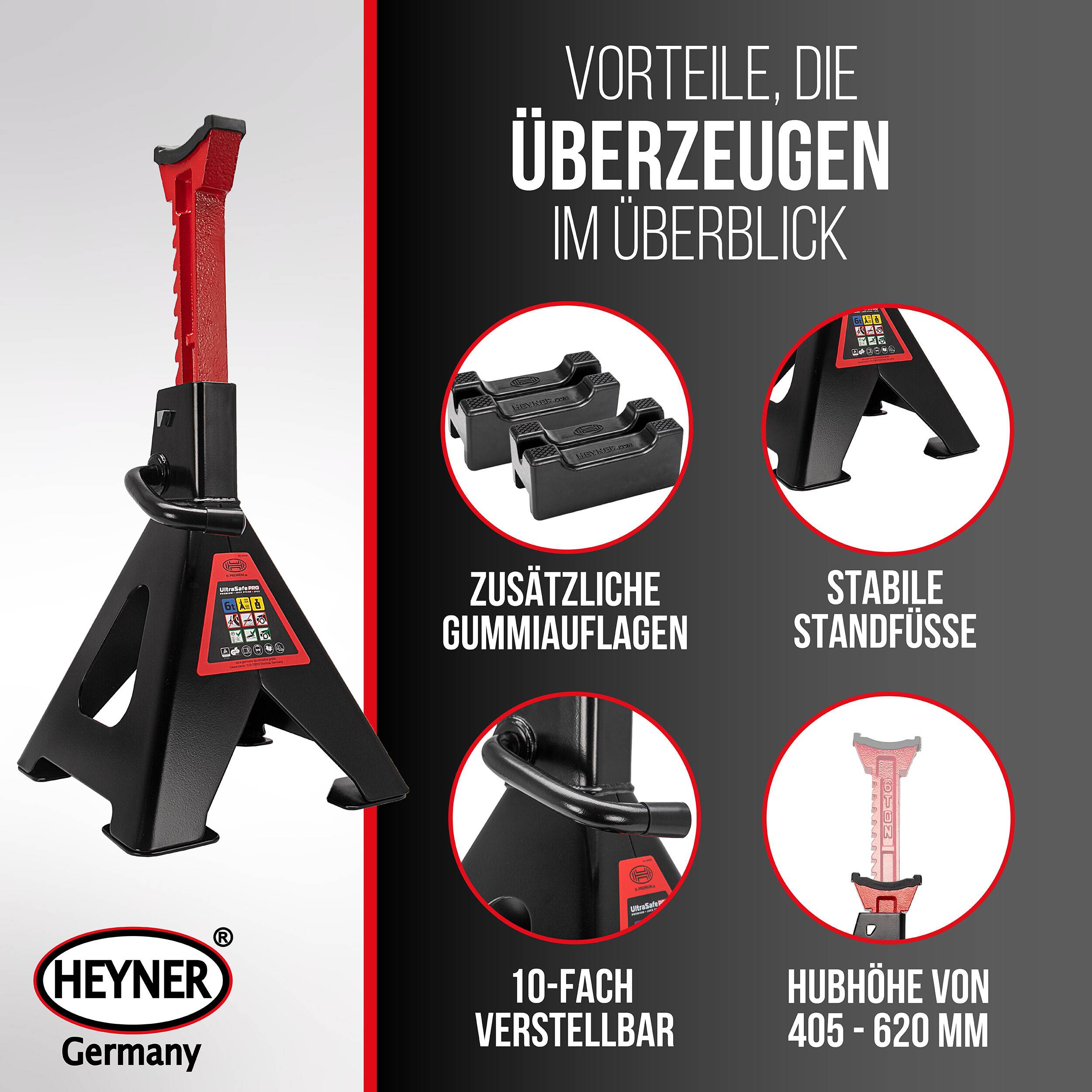 Produktgrafik eines HEYNER Wagenheber mit Darstellung der Hauptmerkmale: zusätzliche Gummiauflagen, stabile Standfüße, 10-stufige Höhenverstellung und Hubhöhe von 405 bis 620 mm.
