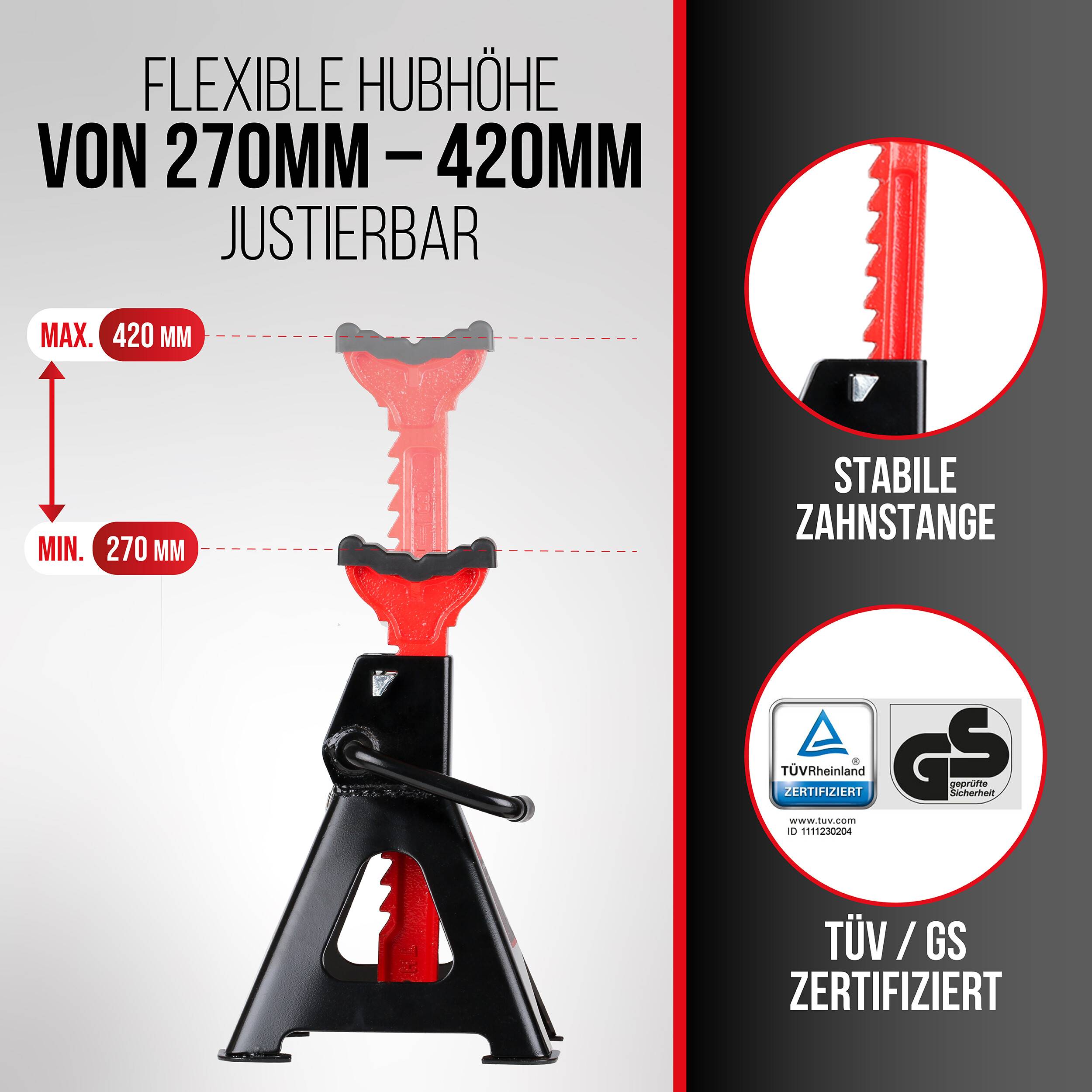 Verstellbare Wagenheber mit flexibler Höhe von 270 mm bis 420 mm; bietet stabilen Ratschenpfosten und TÜV/GS-Zertifizierung.
