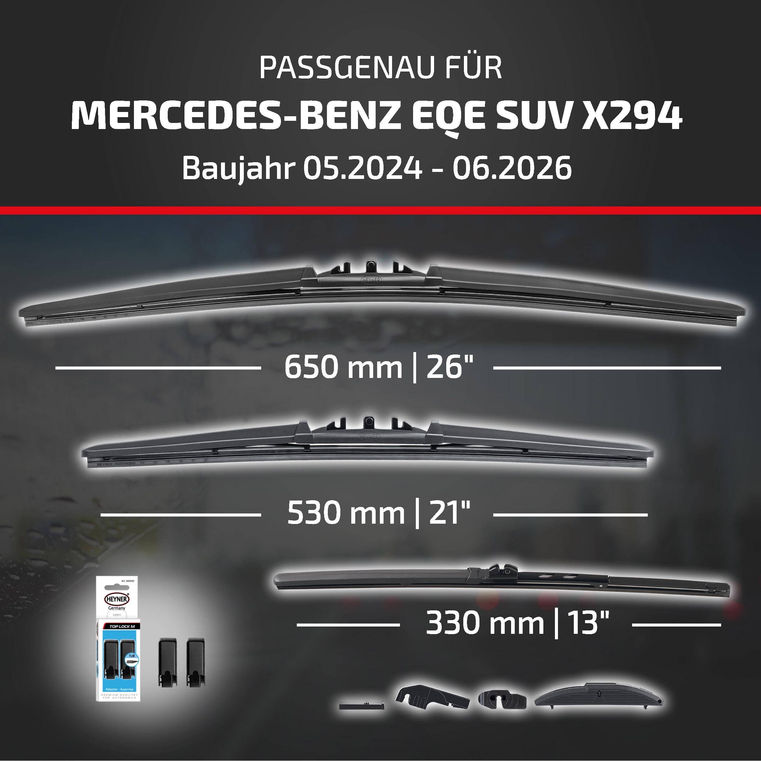 Kompatibilitätsgrafik für Mercedes-Benz EQE SUV X294 (05.2024–06.2026), zeigt Scheibenwischergröße 650 mm, 530 mm und 330 mm mit Adapterteilen.