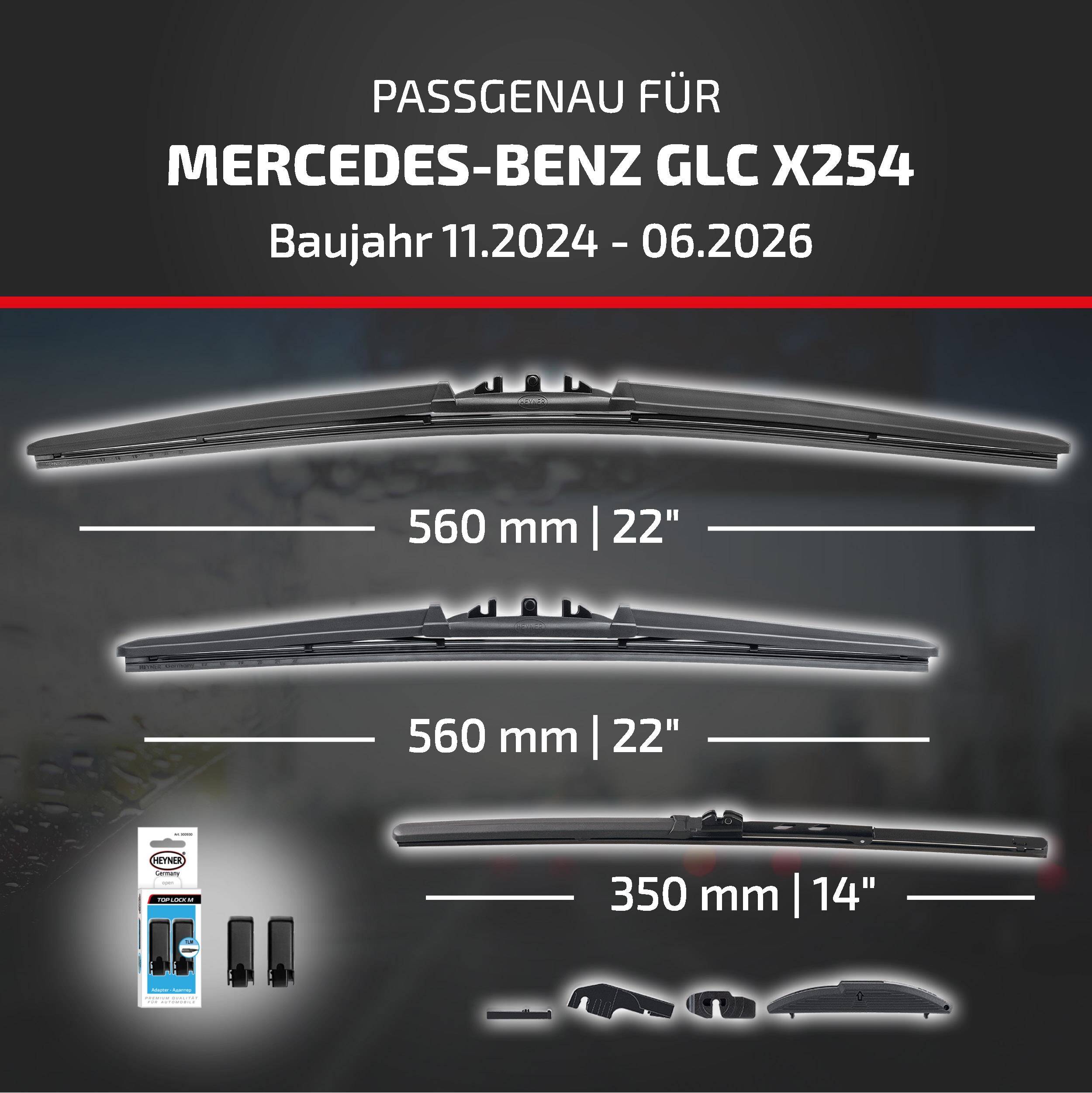 Kompatibilitätsgrafik für Mercedes-Benz GLC X254, Modelljahre 11/2024-06/2026, zeigt drei Scheibenwischergröße: 560 mm (22