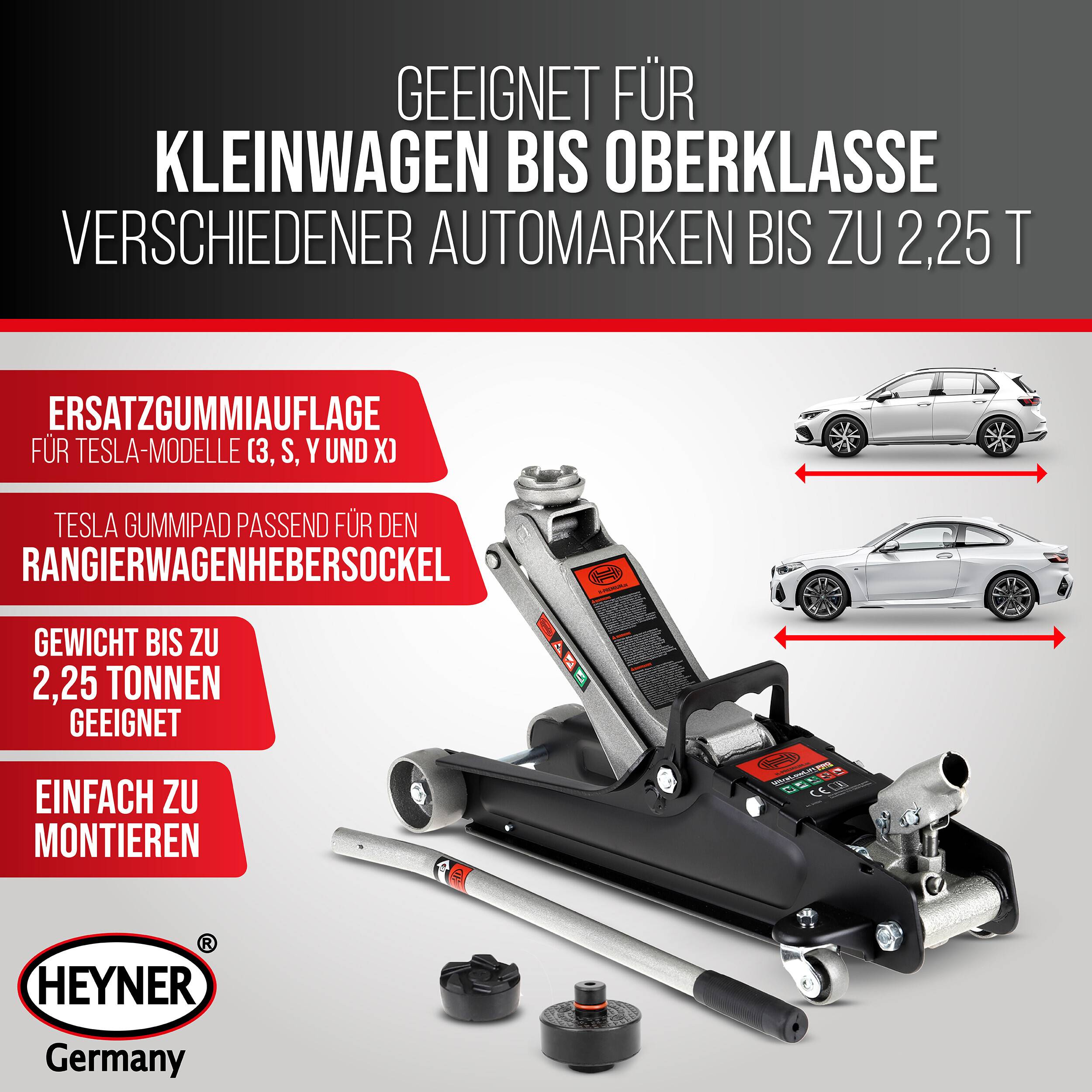 HEYNER® Wagenheber Rangierwagenheber Bundle inkl. Ersatzgummiauflage für Tesla Model 3 S Y X + 2,25t Kapazität + extra