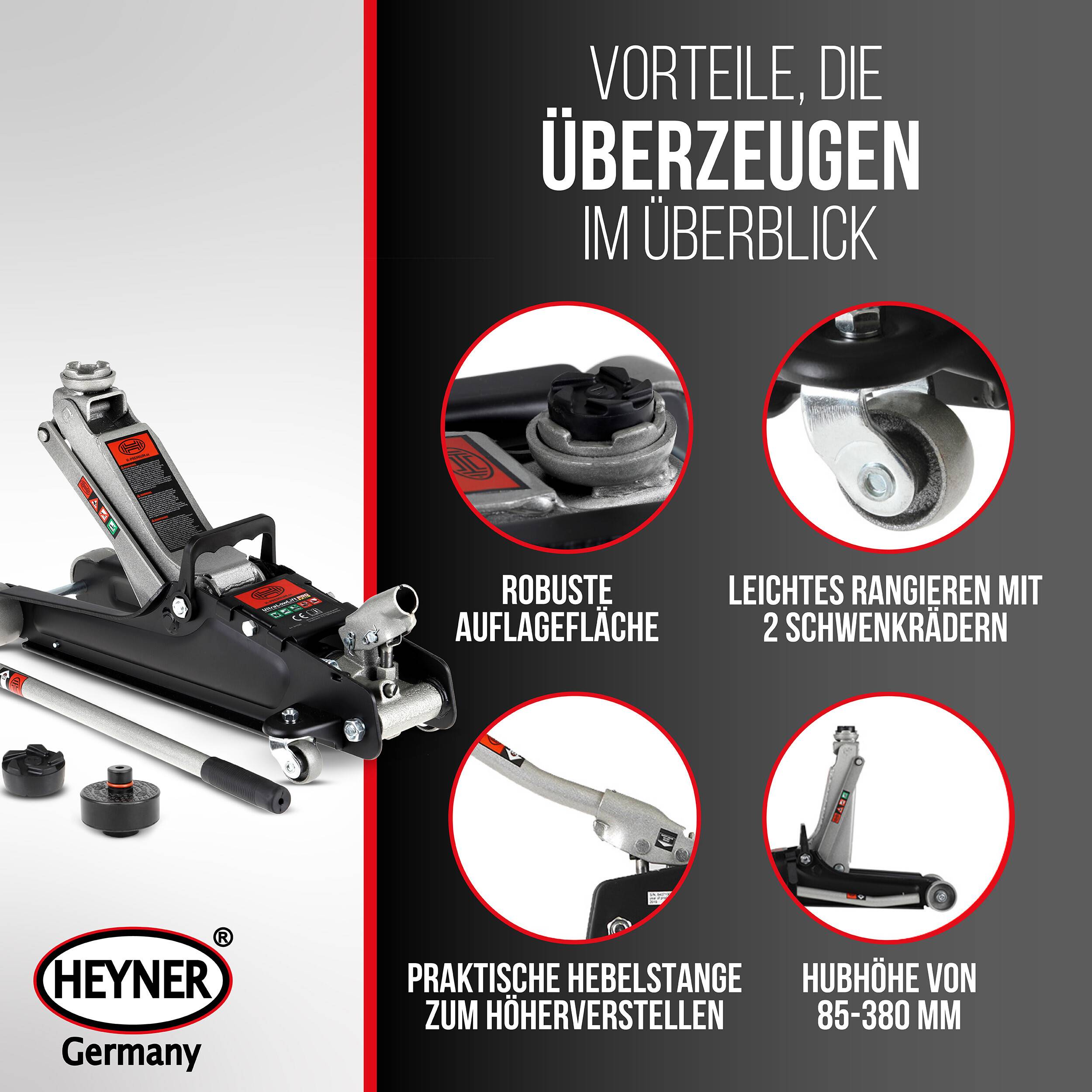 HEYNER® Wagenheber Rangierwagenheber Bundle inkl. Ersatzgummiauflage für Tesla Model 3 S Y X + 2,25t Kapazität + extra