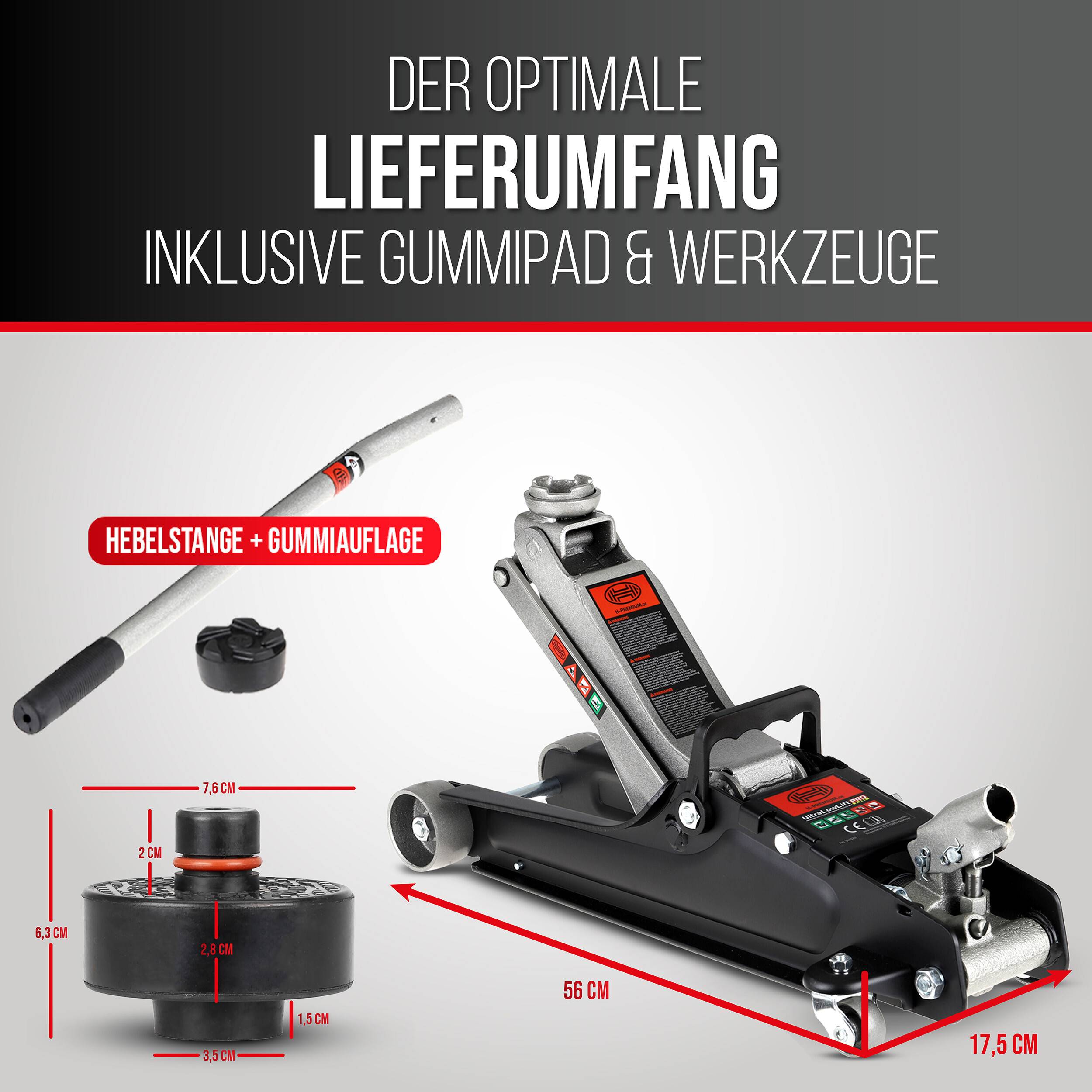 Produktinfografik mit einem Wagenheber und mitgeliefertem Zubehör: „Hebelstange + Gummiauflage
