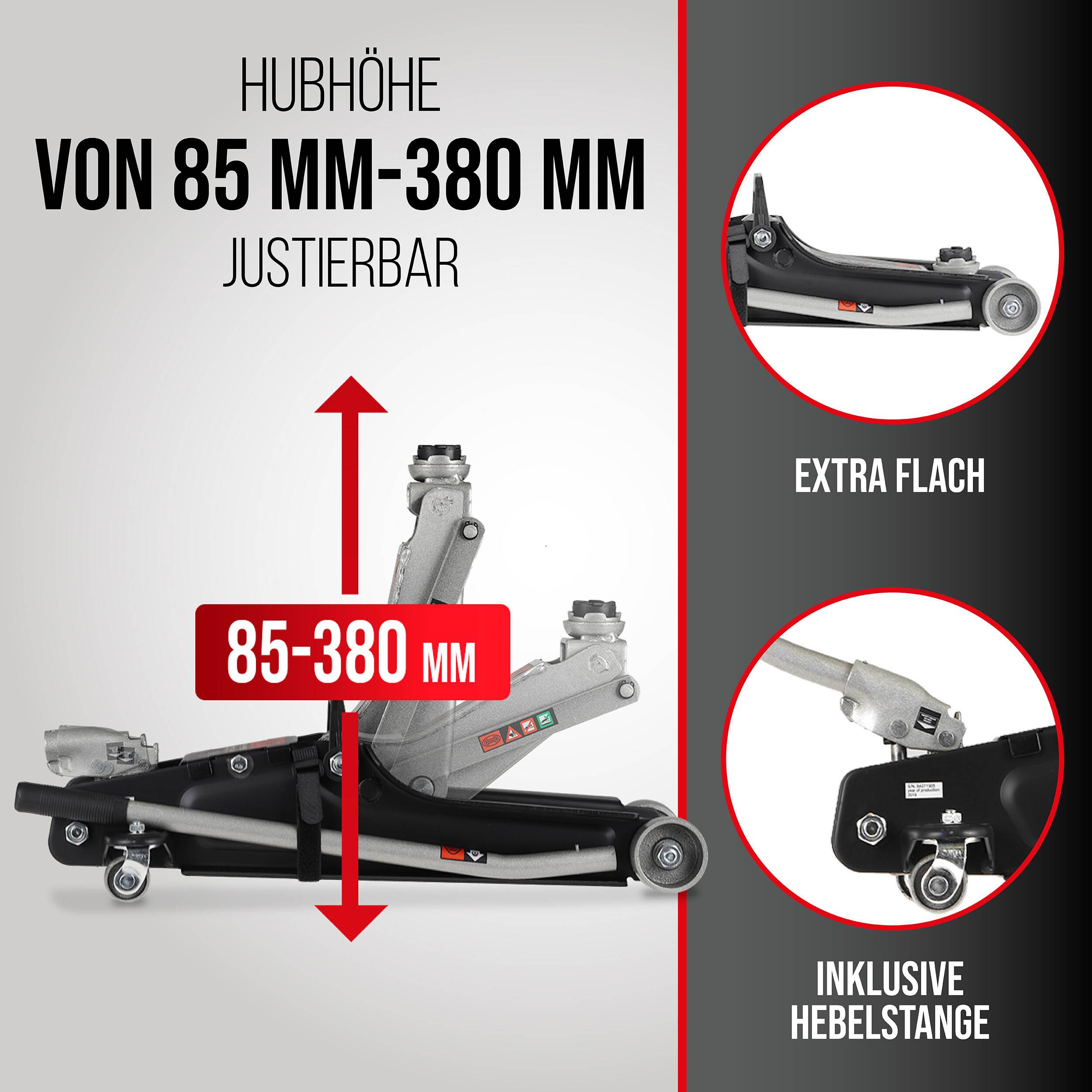 Infografik eines flachen Wagenheber mit verstellbarer Hubhöhe von 85 bis 380 mm, mit Seitenansichten, die das extra-flache Design und den mitgelieferten Griff hervorheben.