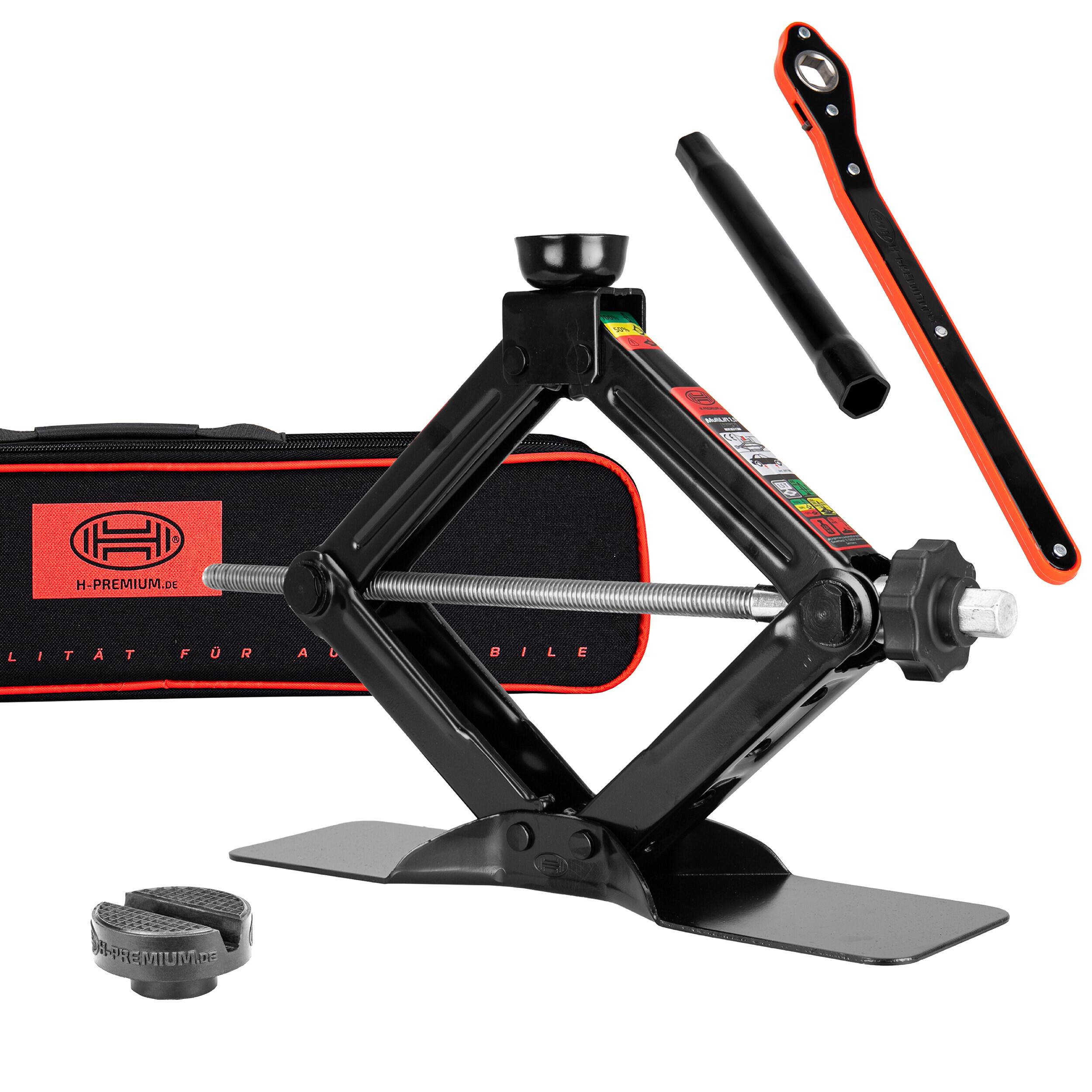 HEYNER® Scherenwagenheber, extra großer Standfuß, mit Ratsche 1,5 t inkl. 17er Nuss, und Tasche 360° I austauschbare und