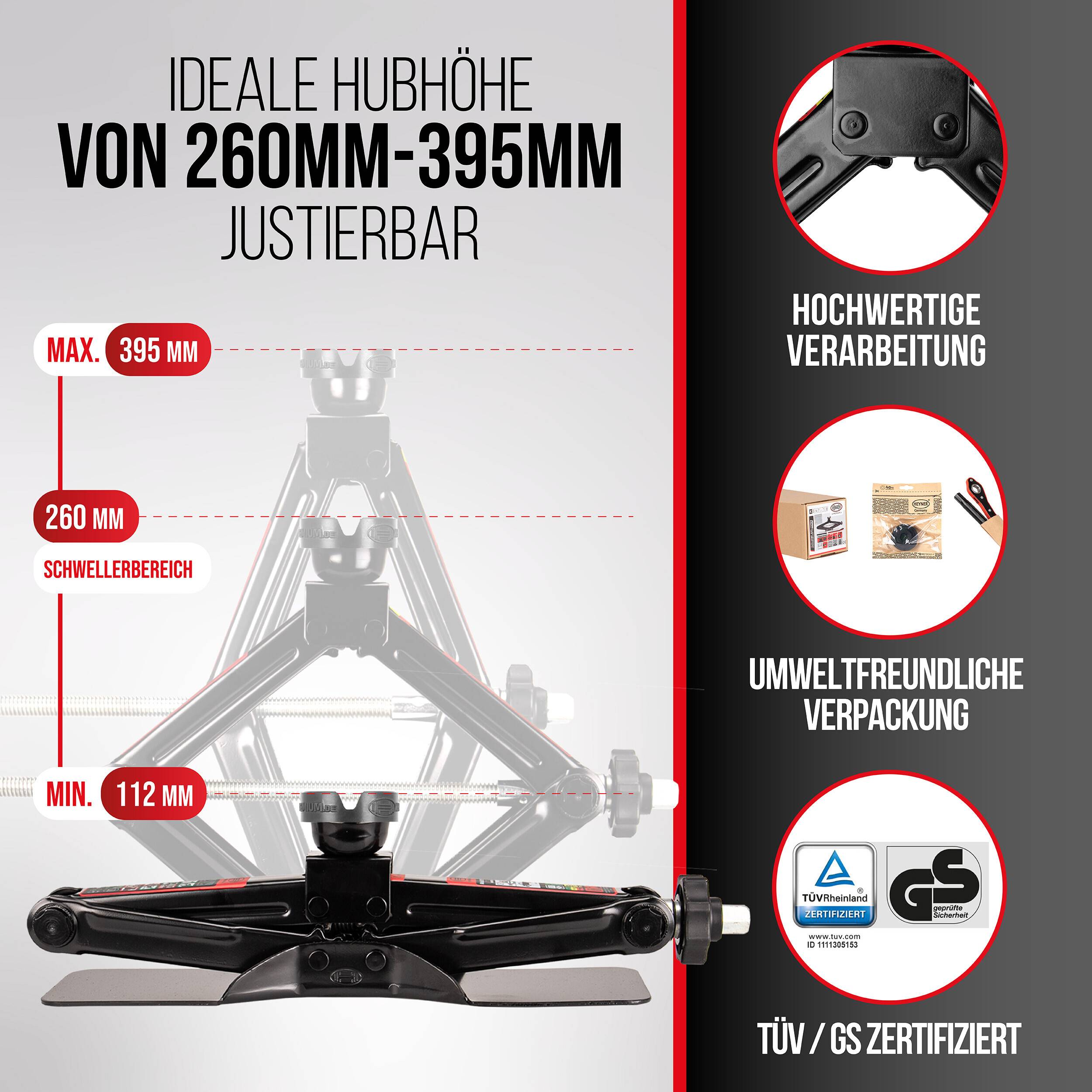 Diagramm zeigt die einstellbare Hubhöhe des Wagenheber von mindestens 112 mm bis maximal 395 mm, mit 260 mm Schwellenwert; hebt Qualität, umweltfreundliche Verpackung und TÜV/GS-Zertifizierung hervor.