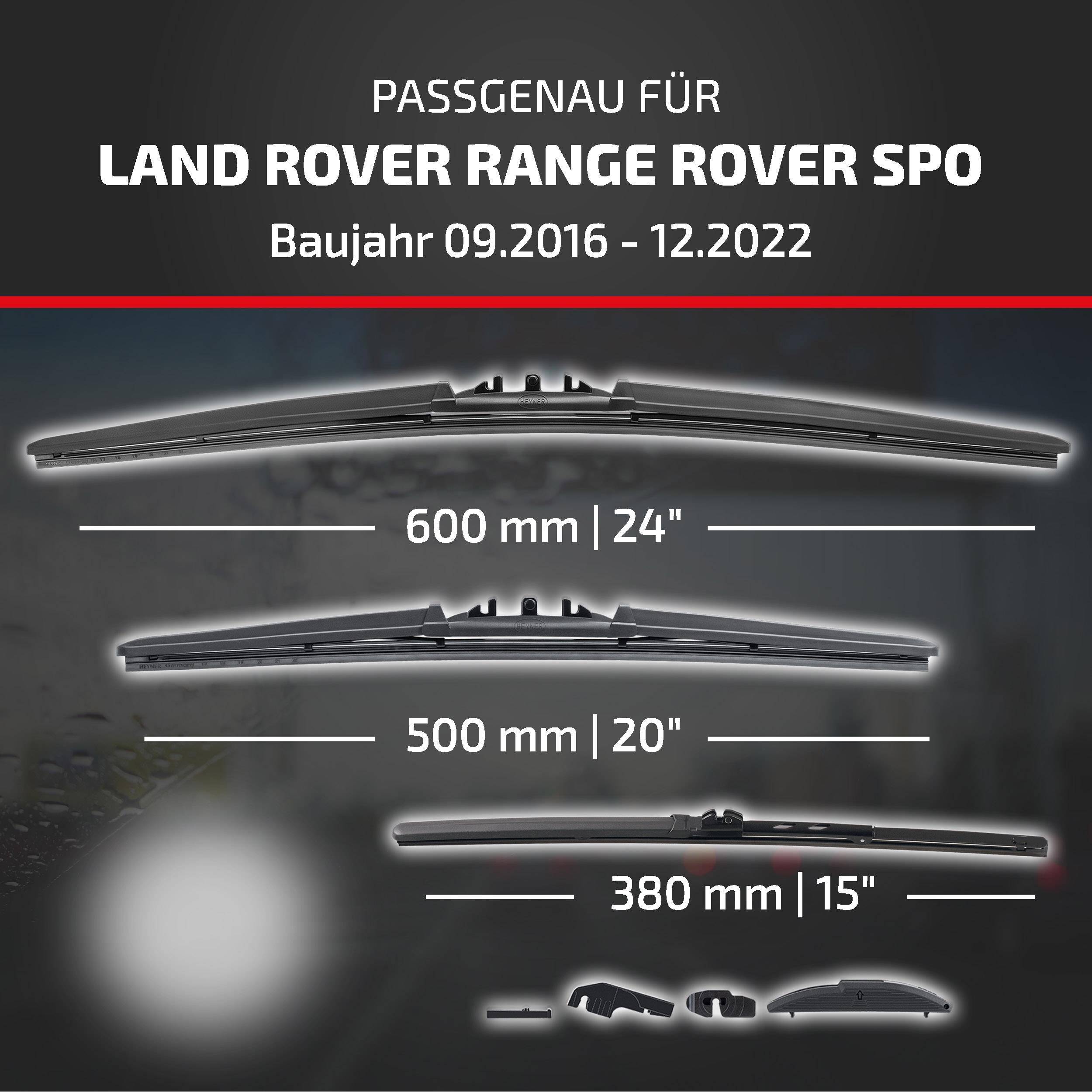 Kompatibilitätstabelle für Land Rover Range Rover Sport, Modelljahre 09.2016 bis 12.2022, mit drei Wischergröße: 600 mm (24