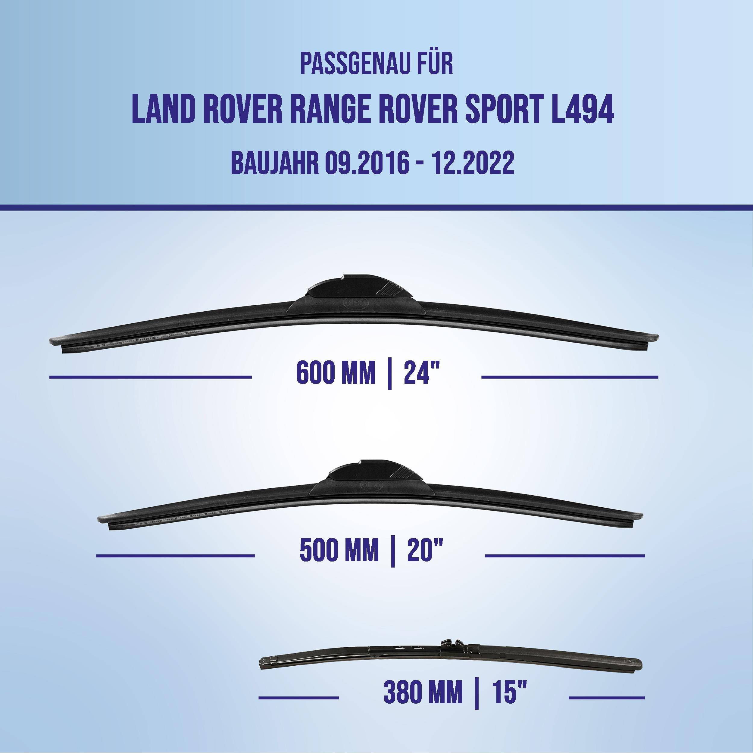 Kompatibilitätstabelle für Land Rover Range Rover Sport L494 (09.2016-12.2022), zeigt Wischblattsätze: 600 mm, 500 mm und 380 mm.