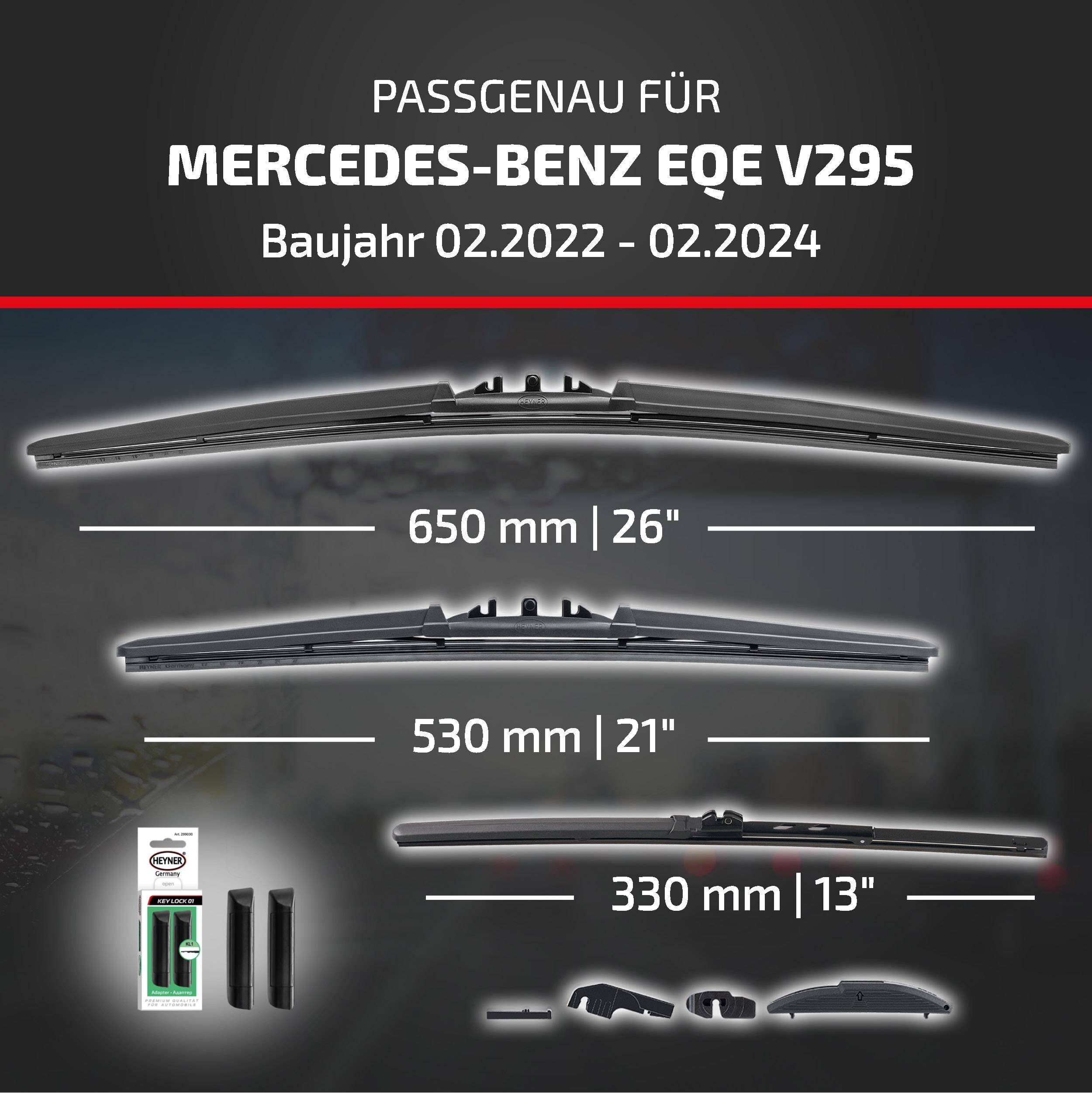 Kompatibilitätsgrafik für Mercedes-Benz EQE V295, Modelljahre 02.2022–02.2024, mit Wischergröße 650 mm (26