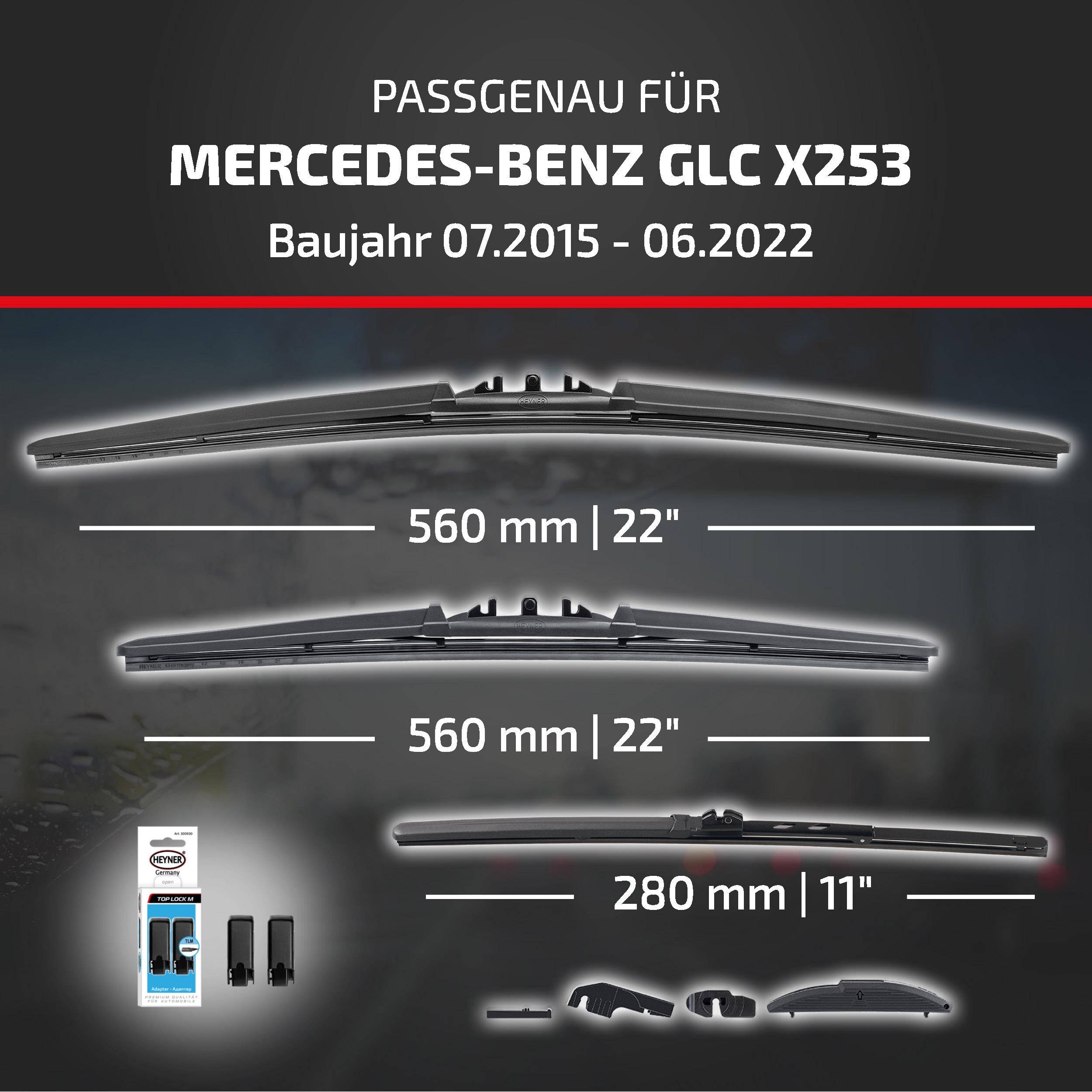 Kompatibilitätsgrafik für Mercedes-Benz GLC X253, Modelljahre 07/2015–06/2022, zeigt empfohlene Scheibenwischergröße: zwei 560 mm (22