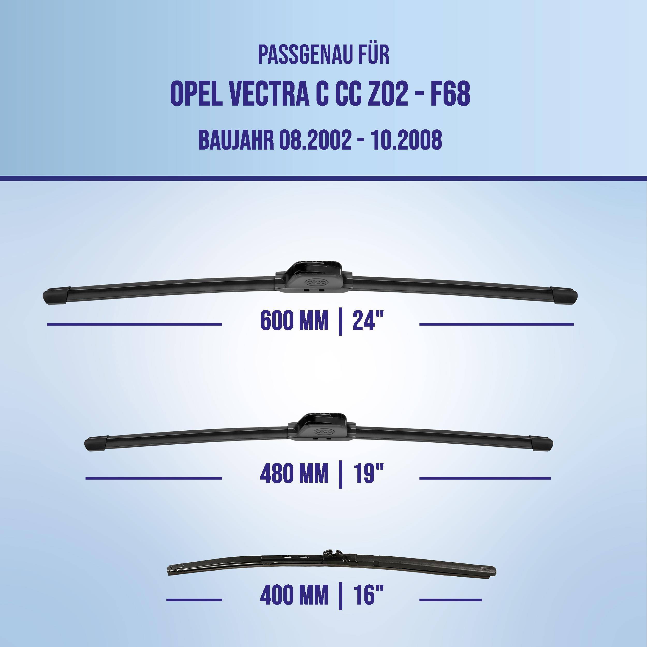 Kompatibilitätstabelle für Opel Vectra C CC Z02-F68, Modelljahre 08.2002-10.2008, zeigt Scheibenwischergröße 600 mm (24