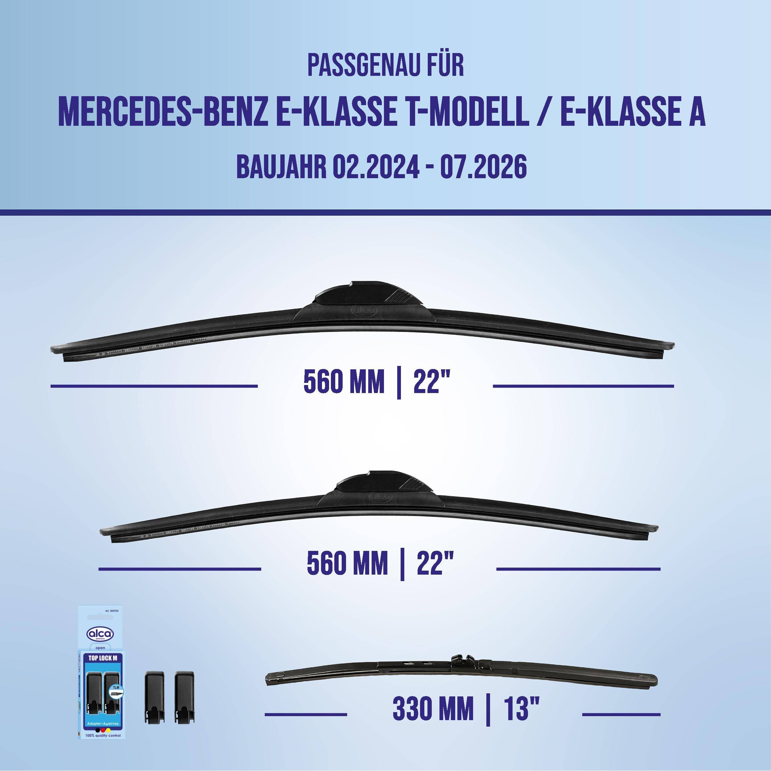 Grafik mit kompatiblen Scheibenwischergröße für Mercedes-Benz E-Klasse T-Modell und E-Klasse A, Modelljahre 02.2024-07.2026: 560 mm (22