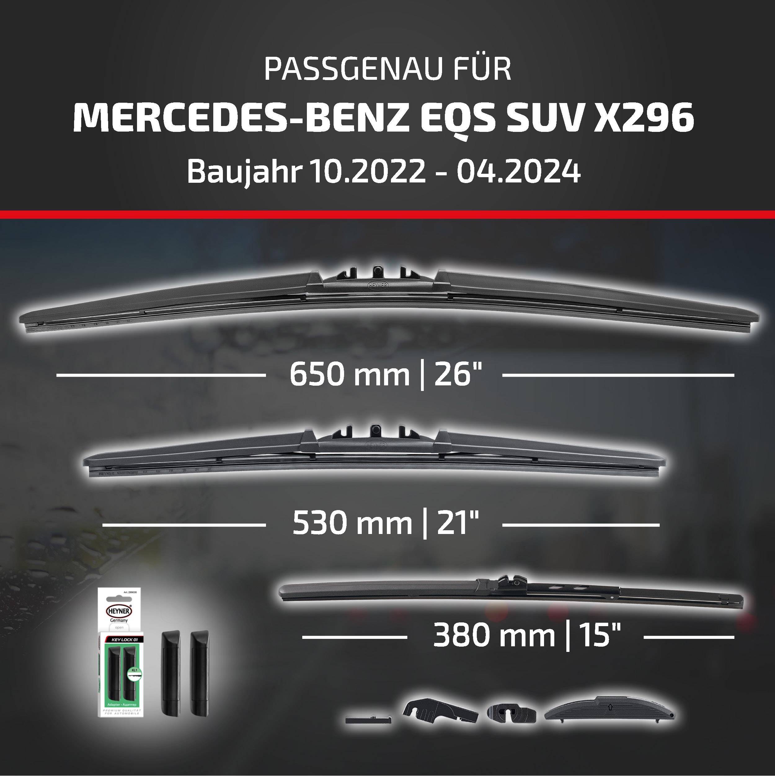 Kompatibilitätsgrafik für Mercedes-Benz EQS SUV X296, Modelljahre 10/2022-04/2024, zeigt drei Scheibenwischergröße: 650 mm, 530 mm und 380 mm.