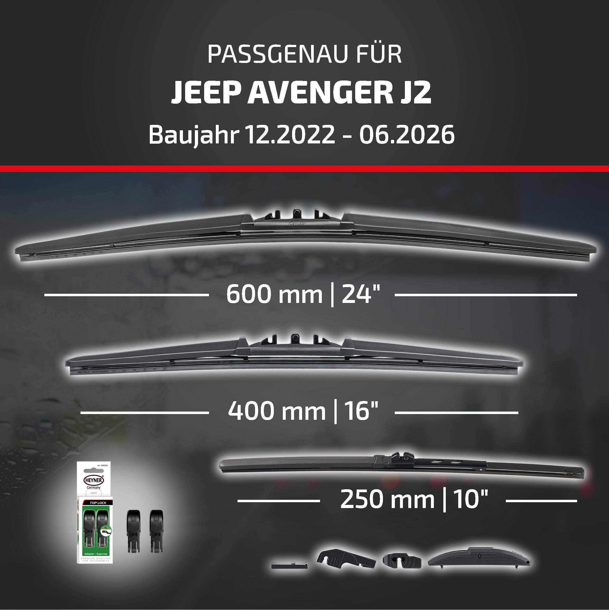 HEYNER® Scheibenwischer Komplettset für JEEP AVENGER (12.2022 - 08.2026) HYBRID Flachbalkenwischer