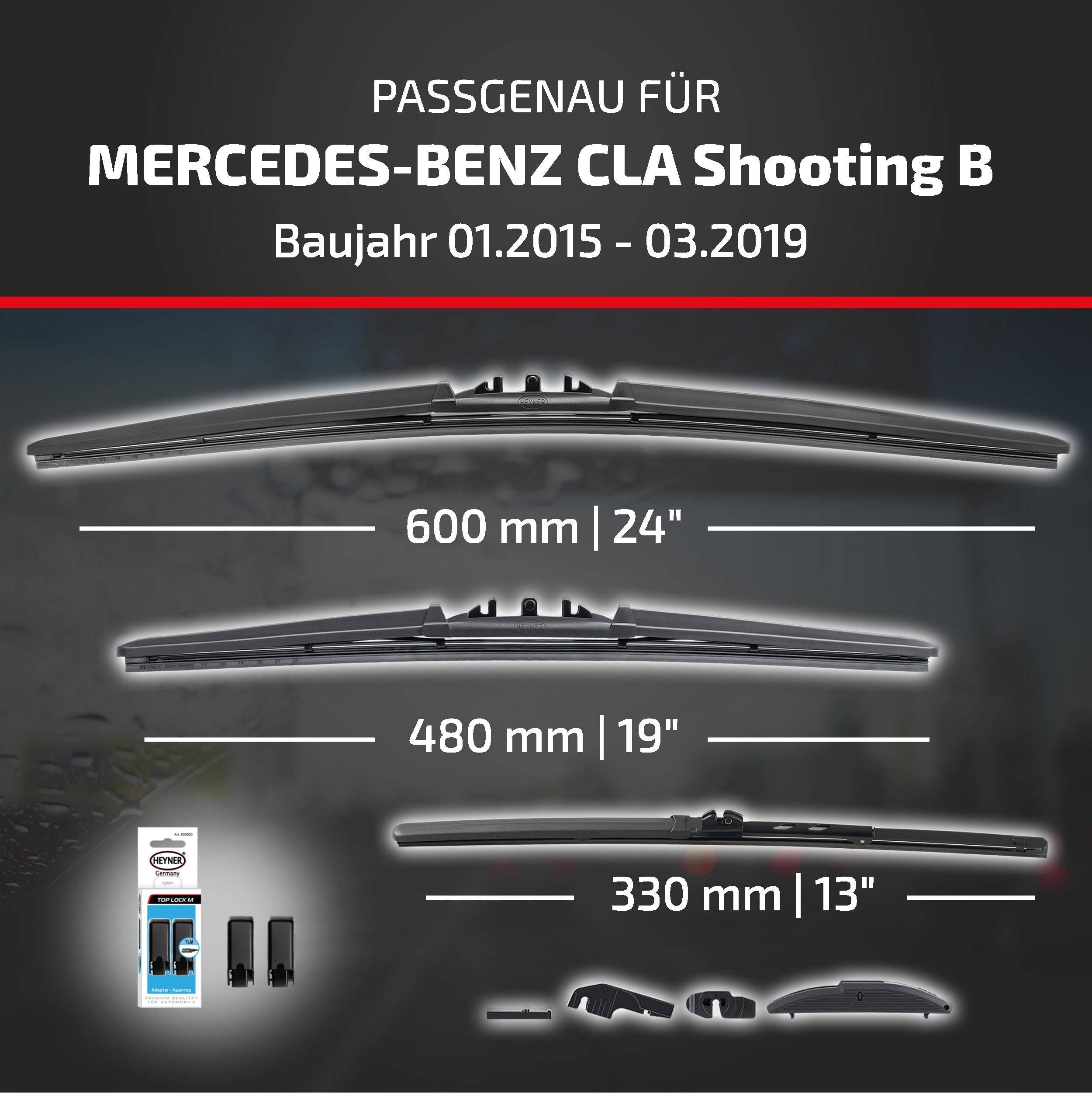 Einbauanleitung für Mercedes-Benz CLA Shooting Break, Modelljahre 01.2015–03.2019, mit kompatiblen Scheibenwischerlängen: 600 mm, 480 mm und 330 mm.