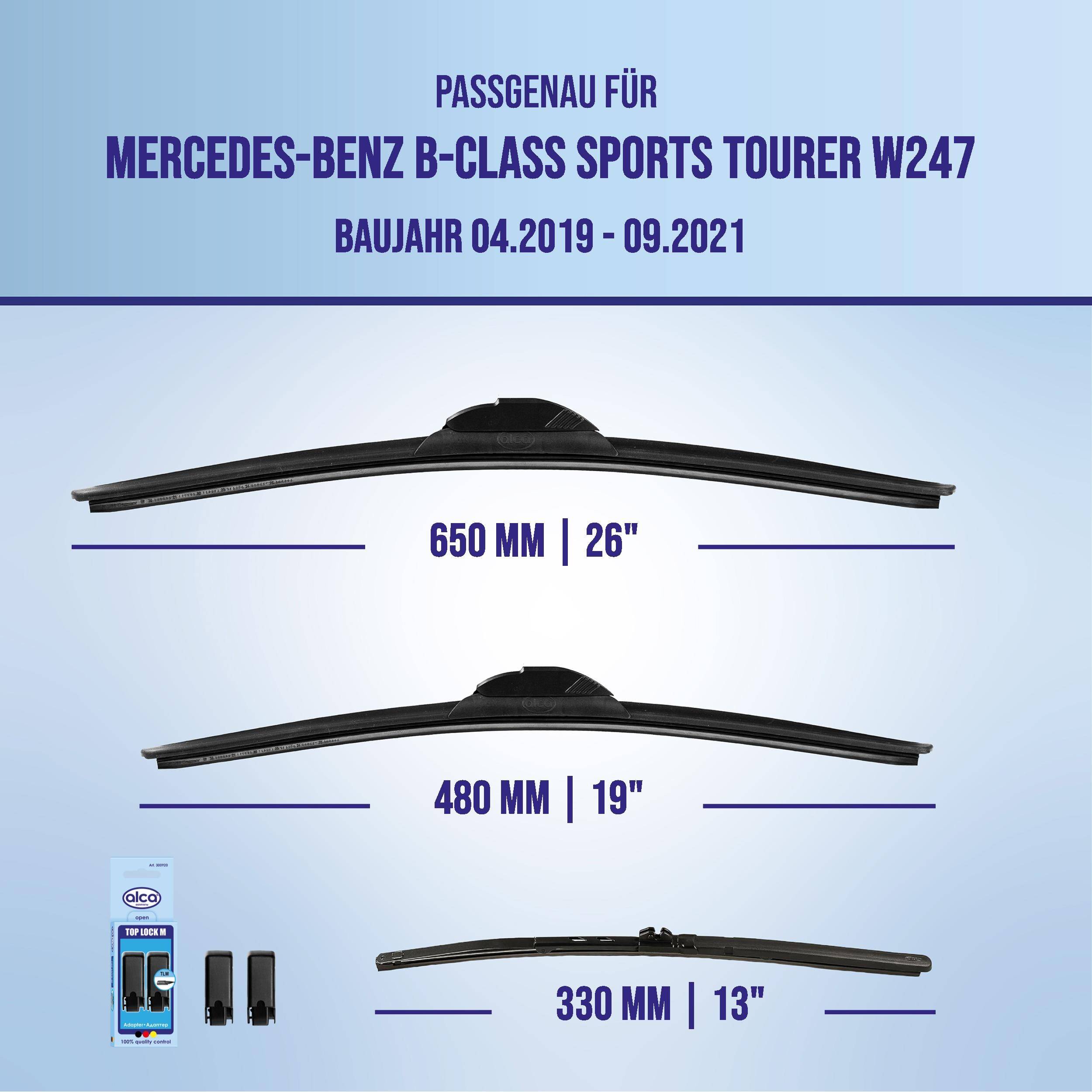 Abbildung kompatibler Scheibenwischer-Größen für Mercedes-Benz B-Klasse Sports Tourer W247 (04.2019-09.2021): 650 mm, 480 mm und 330 mm.