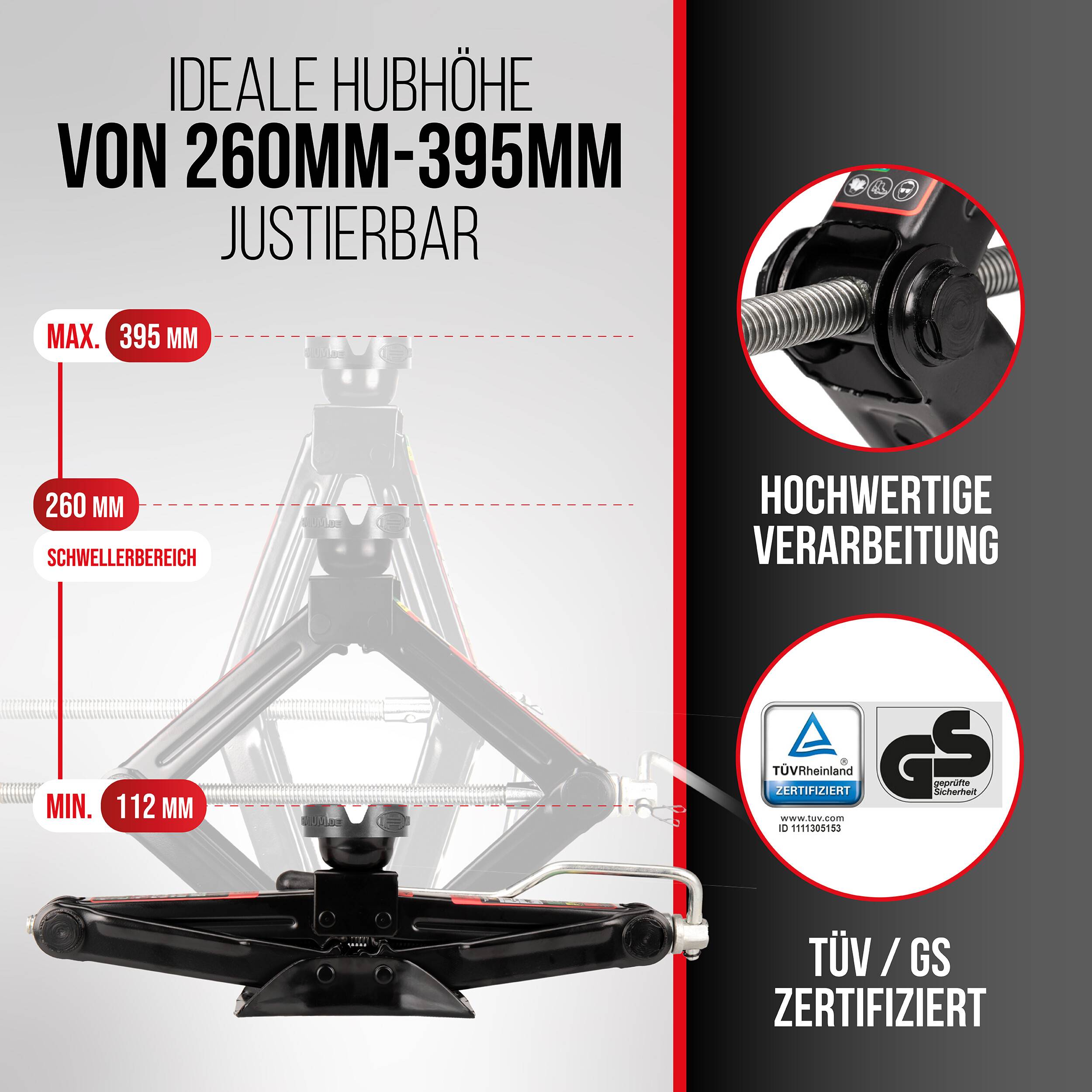 Infografik eines Autoscherenheber mit einstellbarer Hubhöhe von 260 mm bis 395 mm, mit den Beschriftungen „Hochwertige Verarbeitung