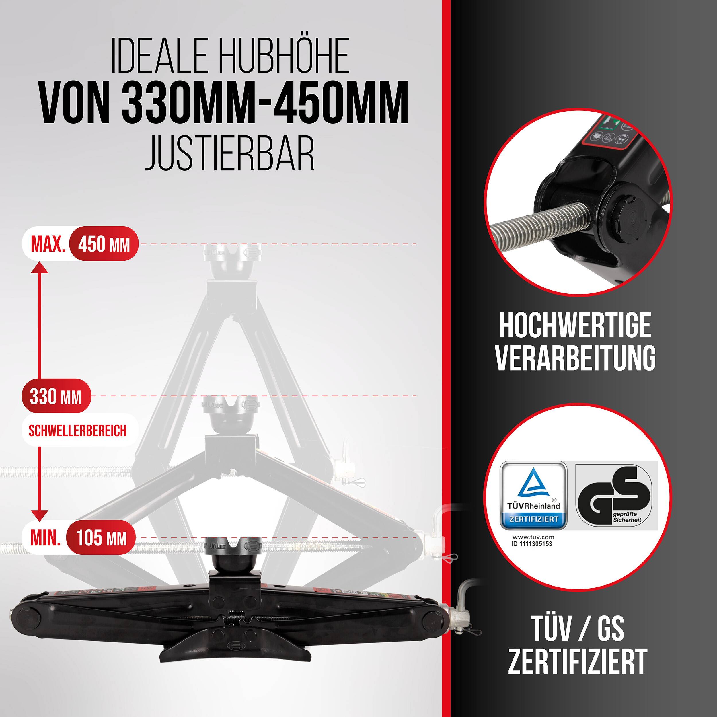 Verstellbare Radserviceplattform mit Scherenheber, ideale Arbeitshöhe 330-450 mm; zeigt hochwertige Konstruktion und TÜV/GS-Zertifizierung.