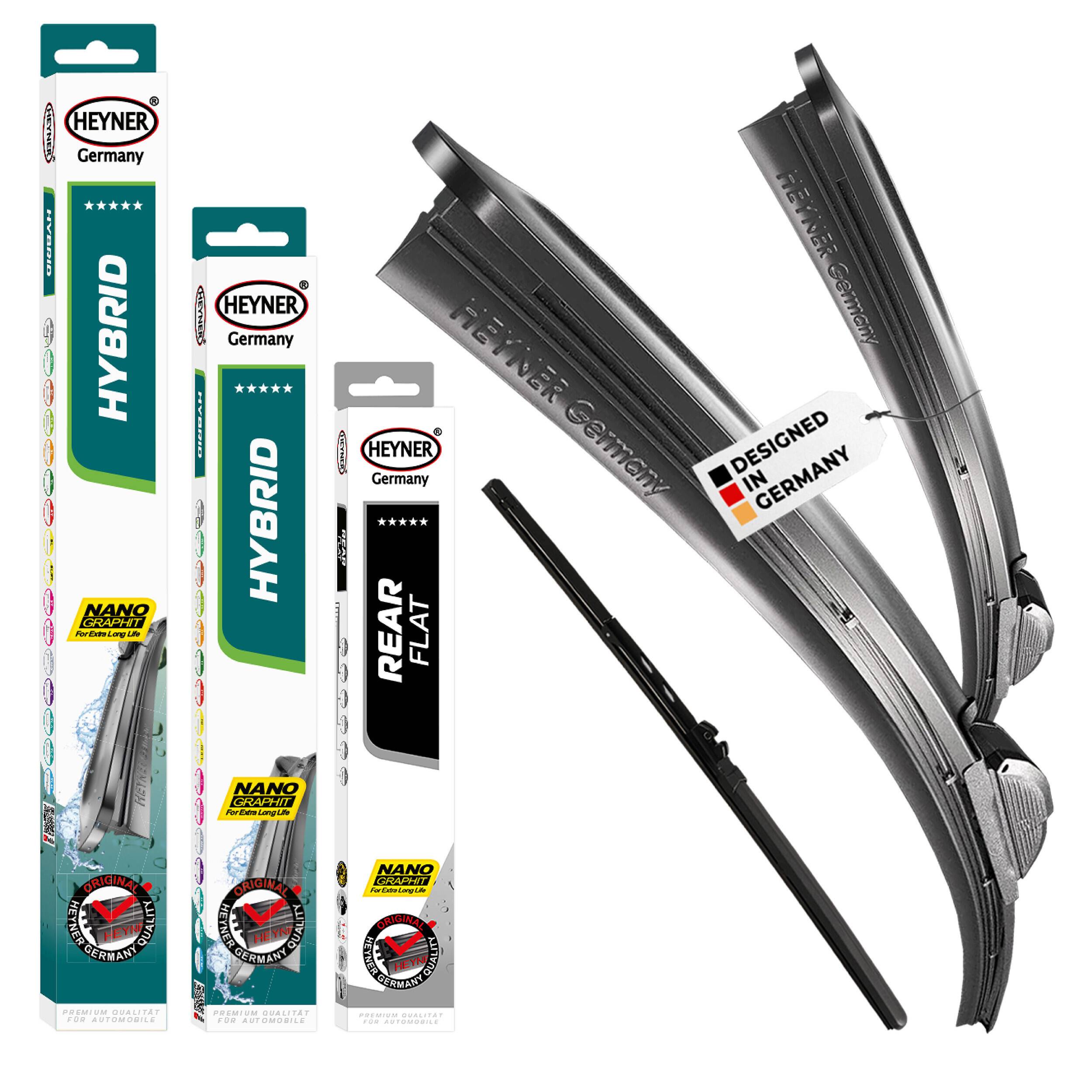 Produktbild von HEYNER Deutschland Scheibenwischerblättern mit Hybrid- und Heck-Flat-Verpackung mit den Wischern und dem Label 