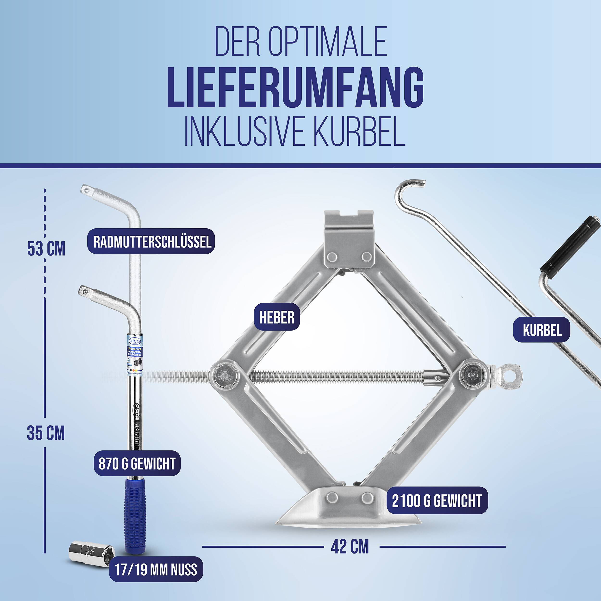 Infografik eines Wagenheber-Sets mit enthaltenen Werkzeugen: Radmutterschlüssel, Wagenheber, Hebel, Kurbel, 17/19-mm-Steckdose; Abmessungen 53 cm, 35 cm, 42 cm und Gewichte 870 g, 2100 g.