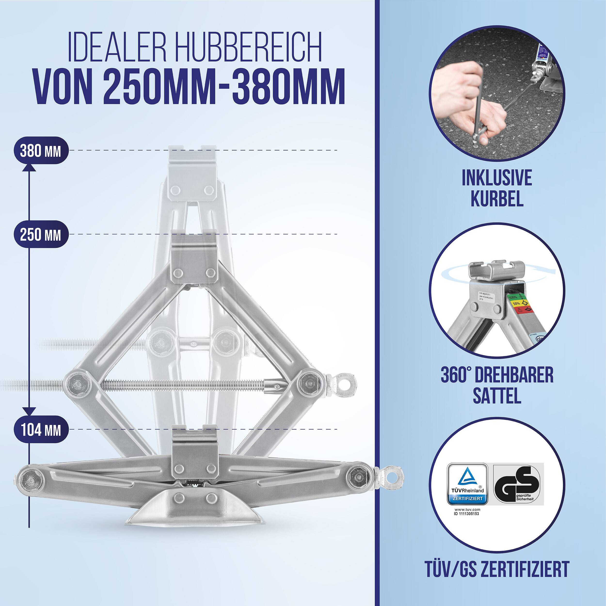 Scherenheber-Diagramm mit der Bezeichnung „ideale Nabe Breite 250mm-380mm