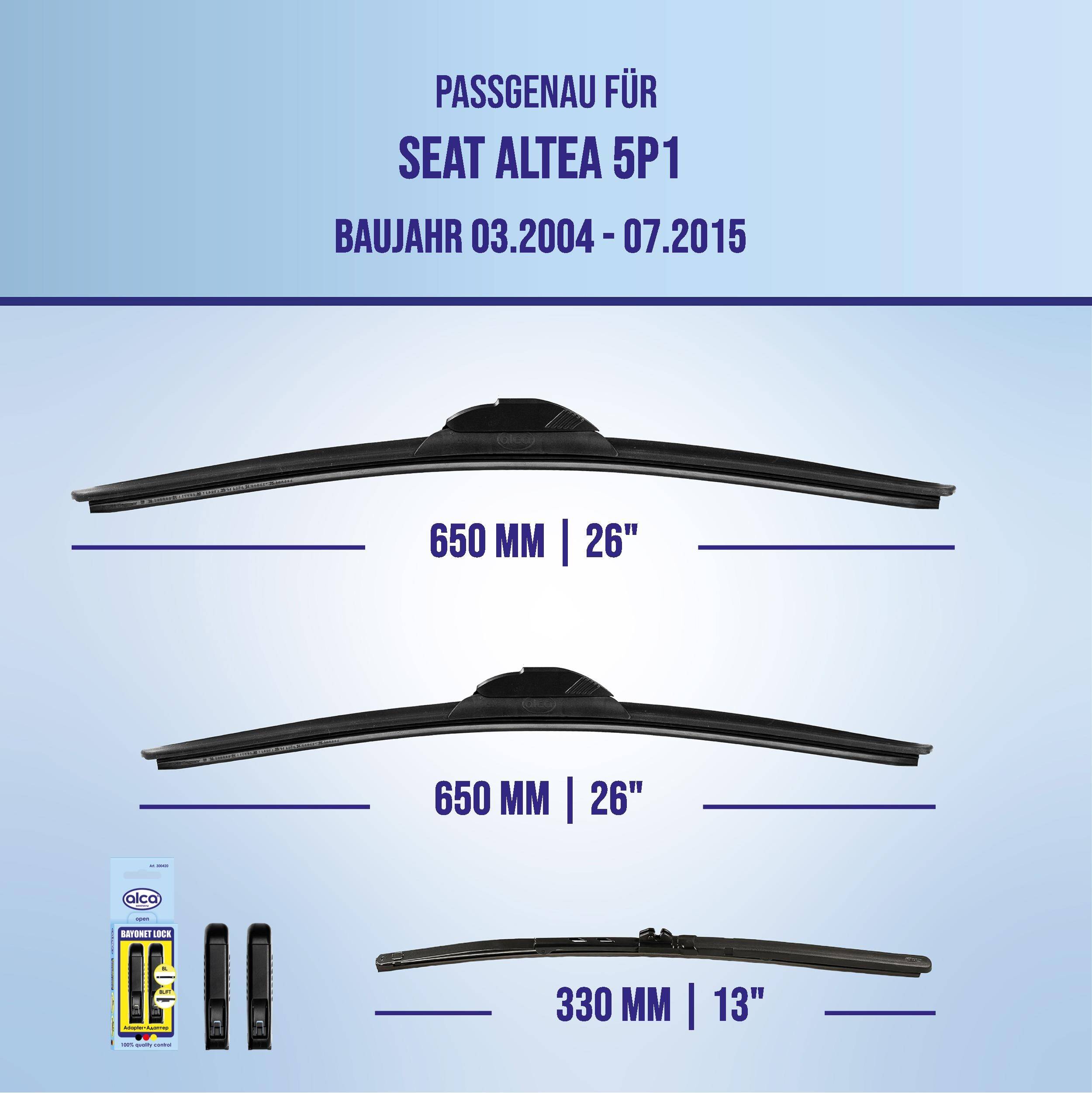 Diagramm mit kompatiblen Scheibenwischergröße für Seat Altea 5P1, Modelljahre 03/2004-07/2015: zwei 650 mm (26