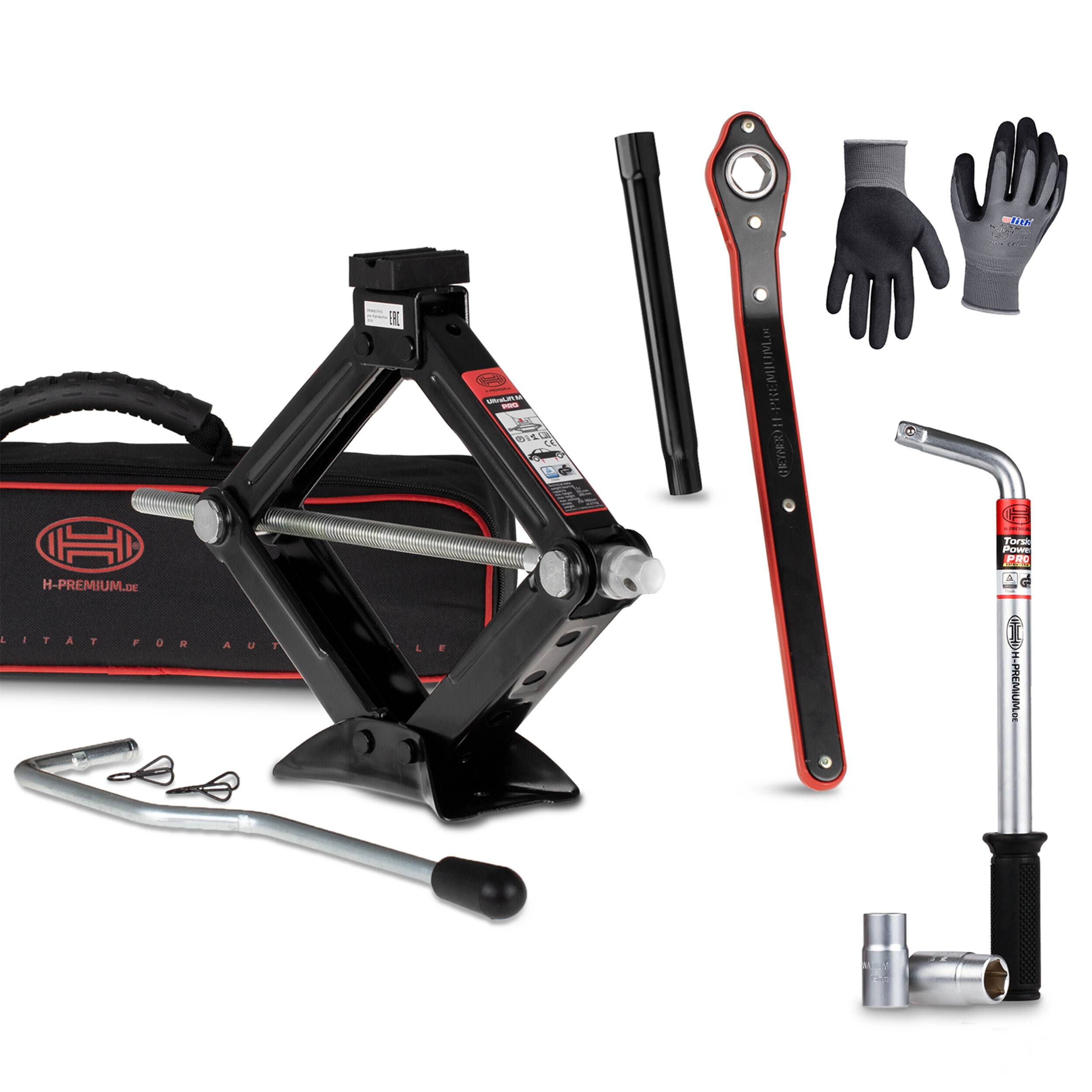HEYNER® Wagenheber 1t Traglast Scherenwagenheber Set mit Radmutternschlüssel & Montagehandschuhe drehbarer Sattel und