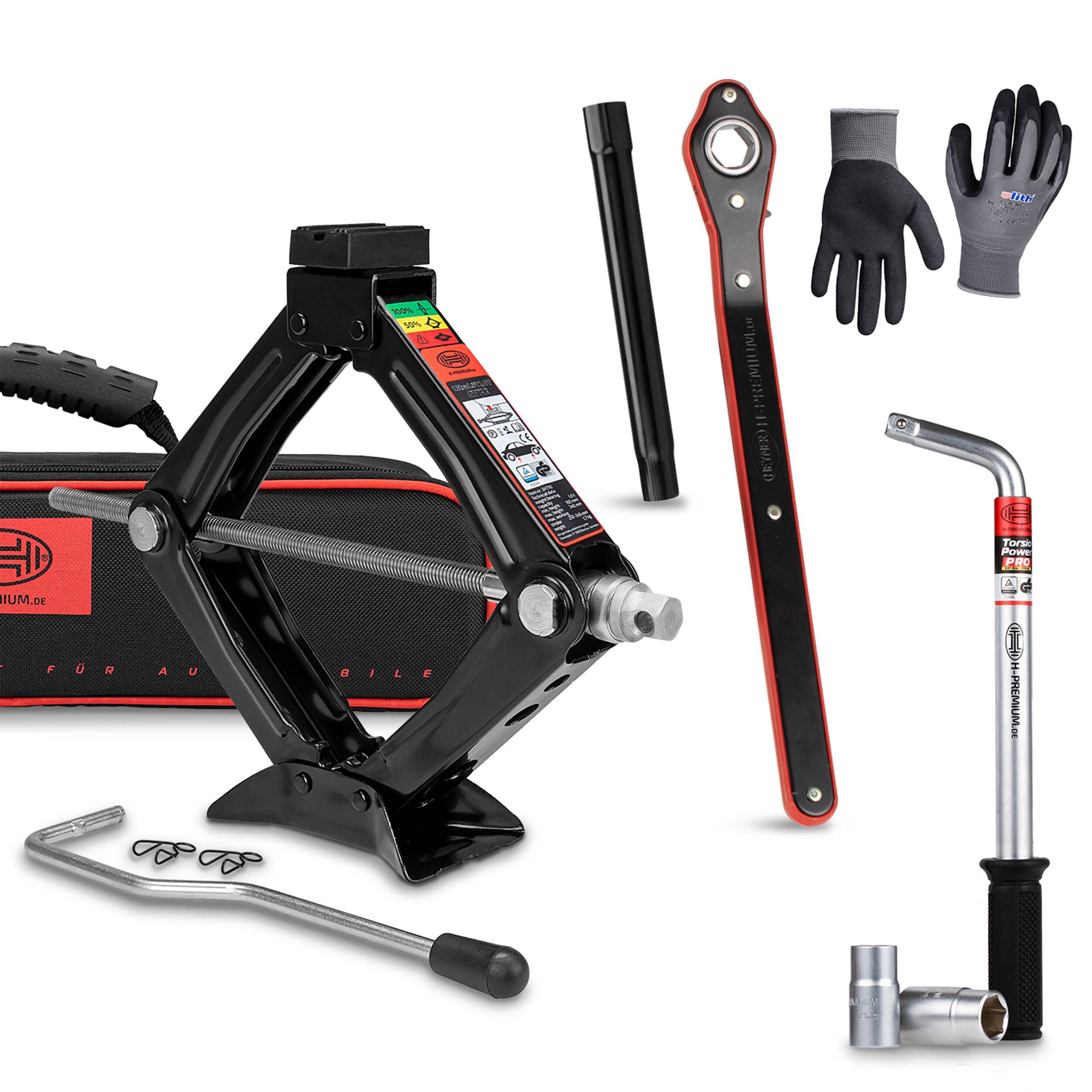 HEYNER® Wagenheber 1t Traglast Scherenwagenheber Set mit Radmutternschlüssel & Montagehandschuhe drehbarer Sattel und