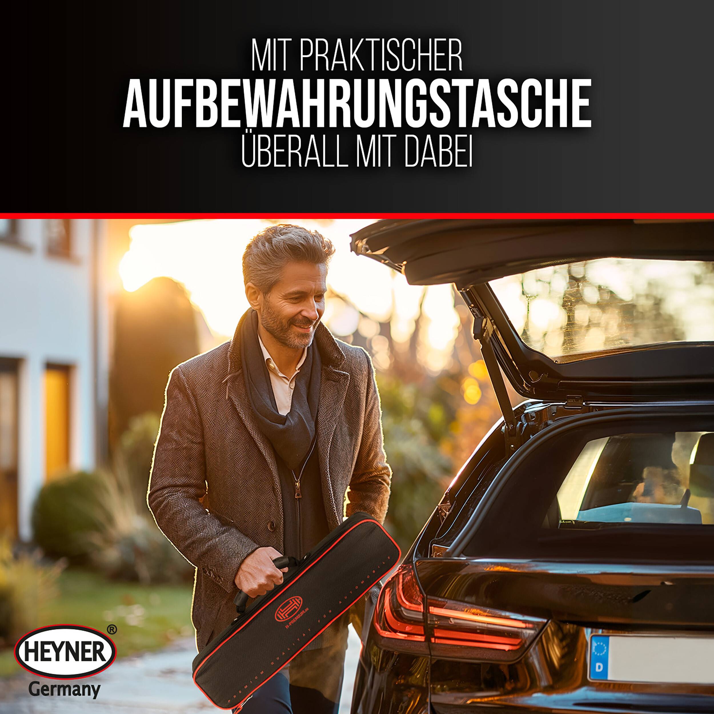 Ein Mann legt eine praktische Aufbewahrungstasche in einen offenen Kofferraum; deutscher Anzeigentext lautet „Mit praktischer Aufbewahrungstasche überall mit dabei
